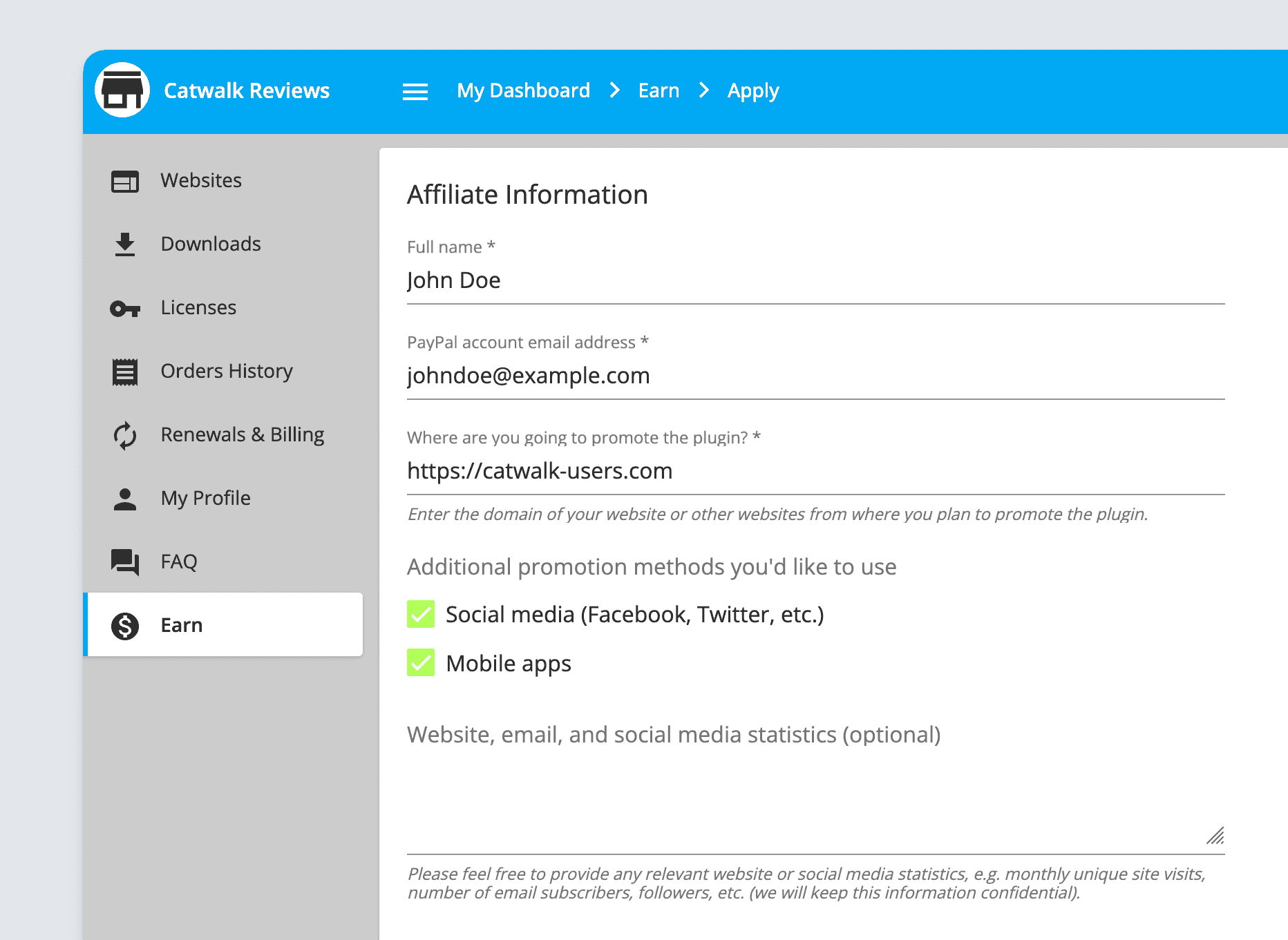 Freemius customer portal - showing the become an affiliate application form