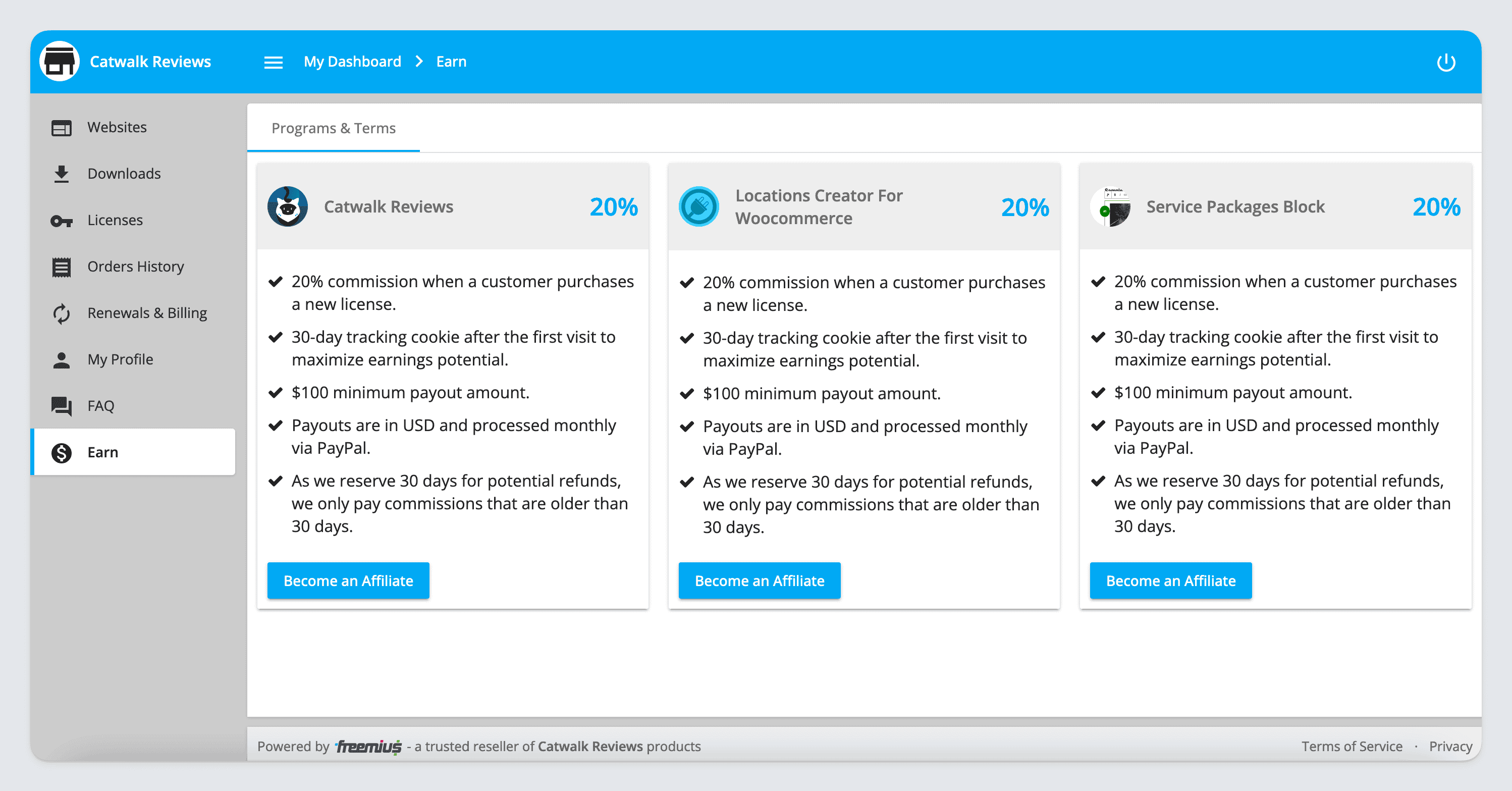 Freemius customer portal showing products in the Earn section for affiliates