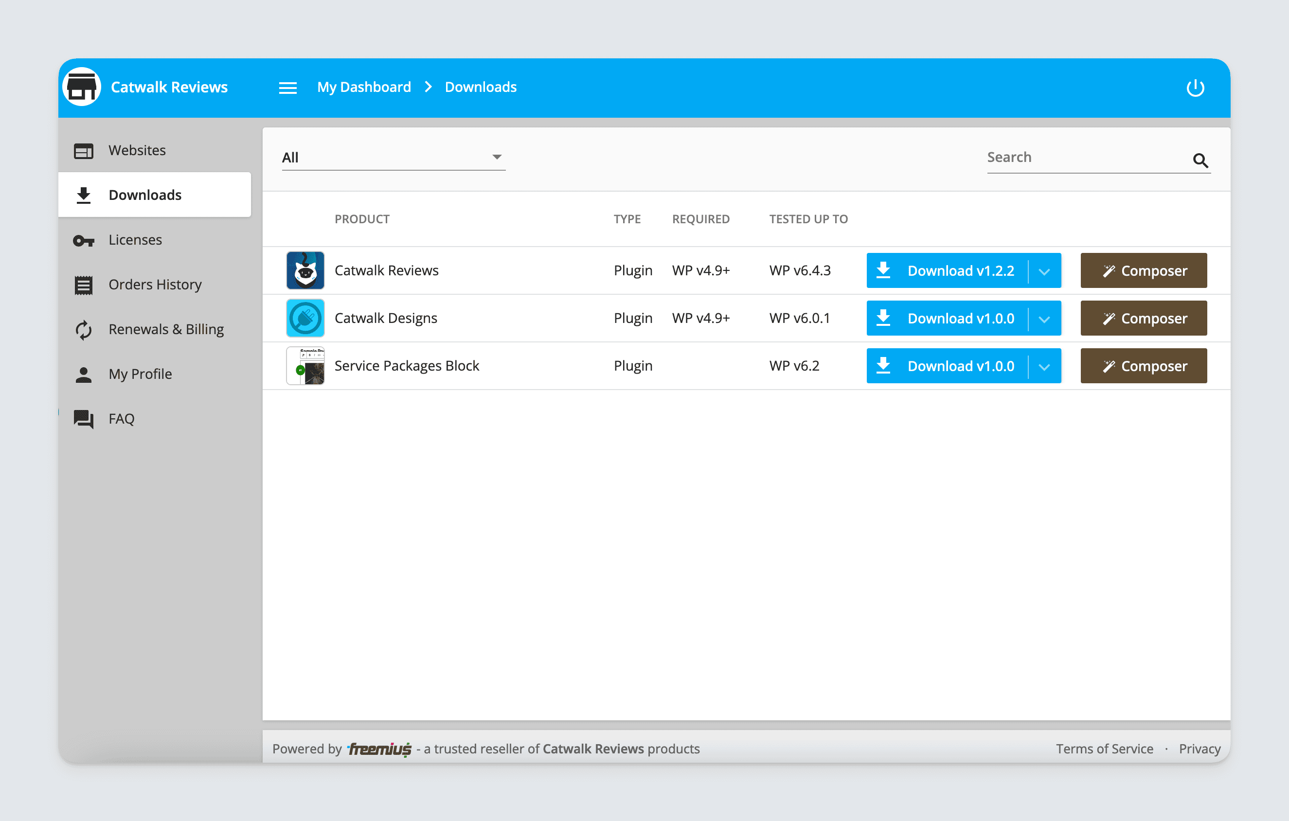 Freemius customer portal - list of available product downloads