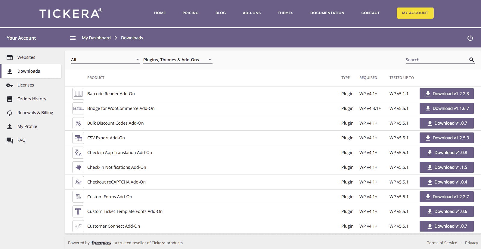 Freemius Customer Portal embed customized by Tickera with custom colors