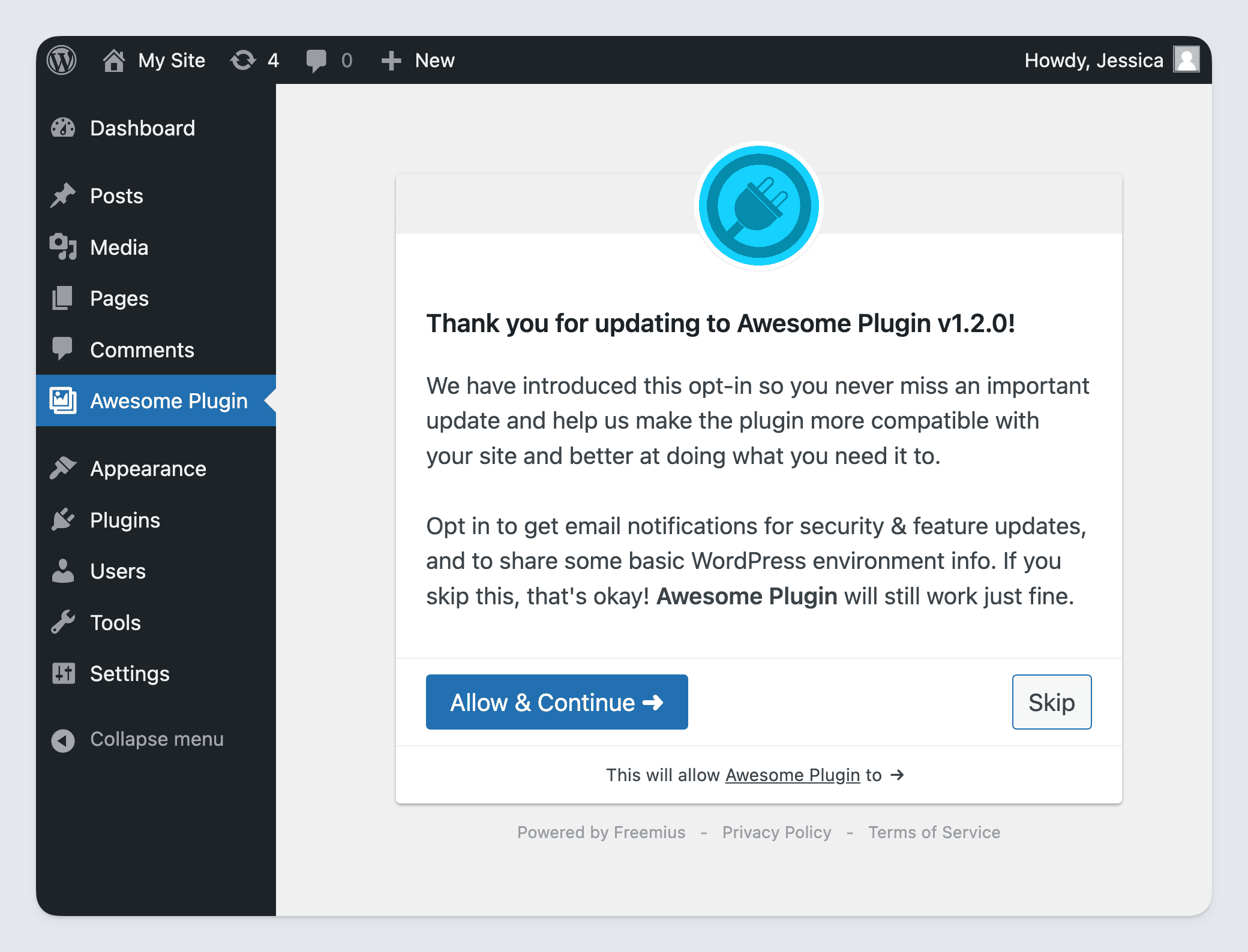Freemius WordPress Plugin Opt-In - On Update