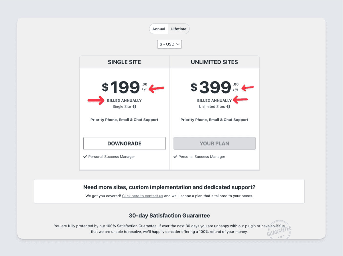 Freemius WordPress SDK pricing page annual billing