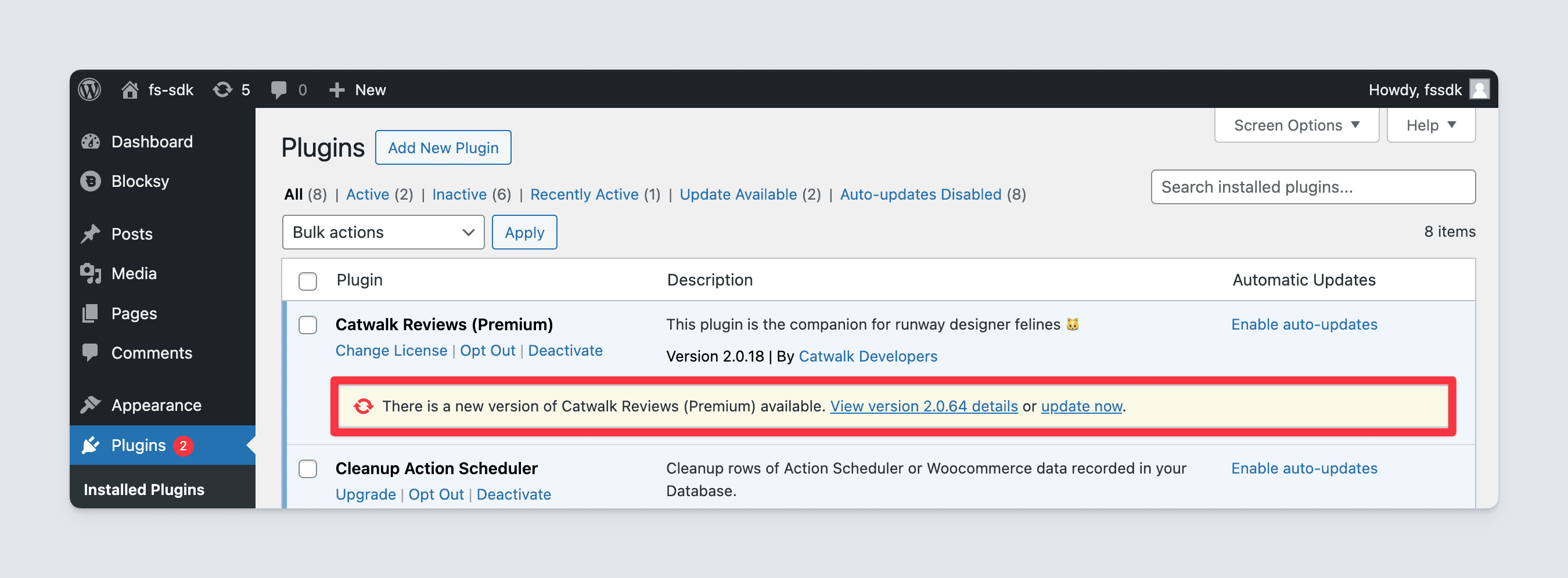 Freemius WordPress SDK - new plugin software update available in the plugins page