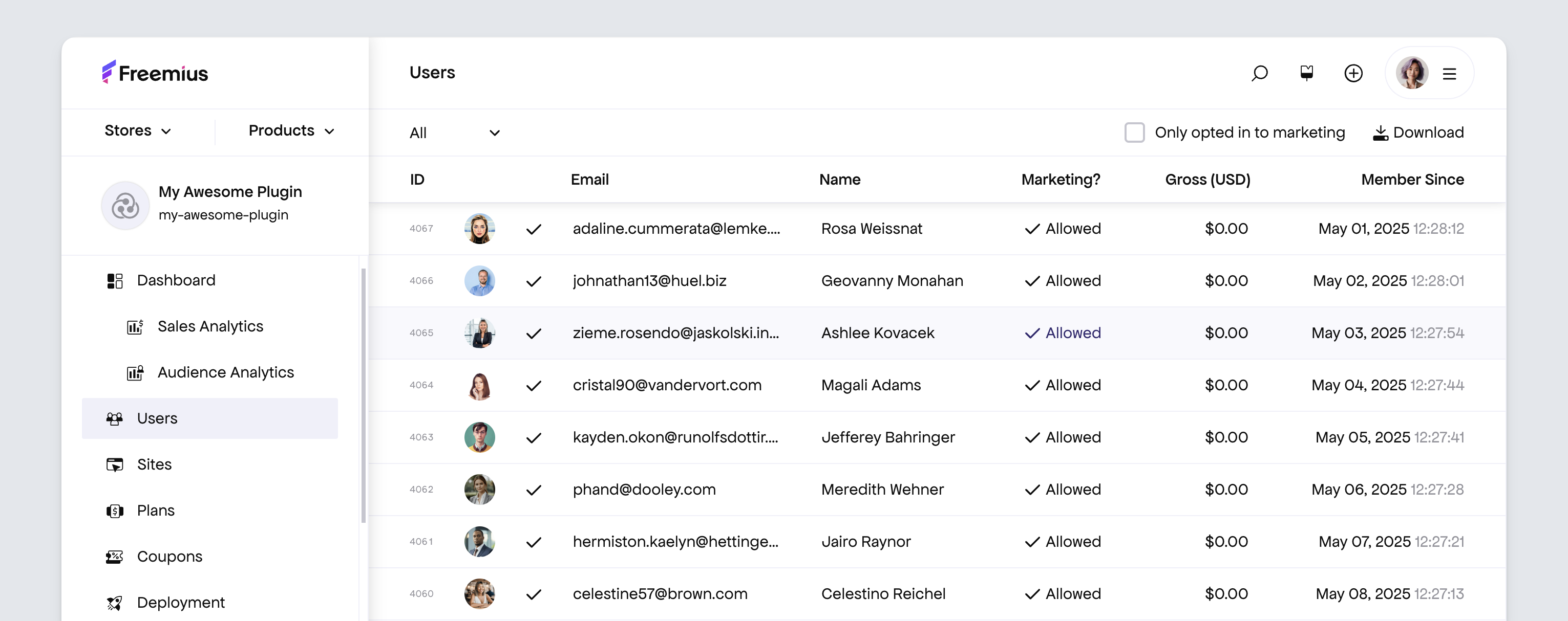 List of opted in users - Freemius Developer Dashboard
