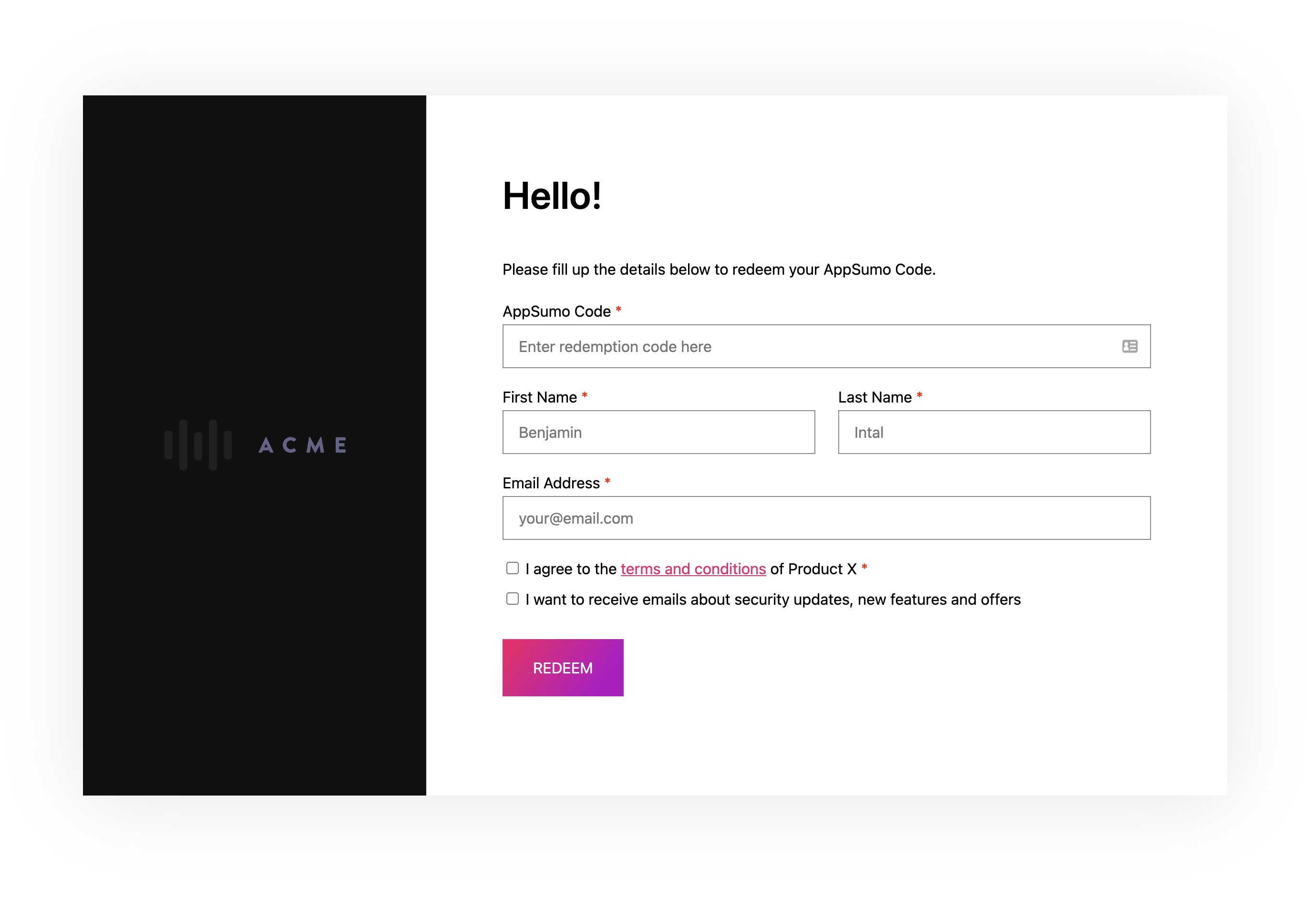 Freemius and AppSumo redemption page