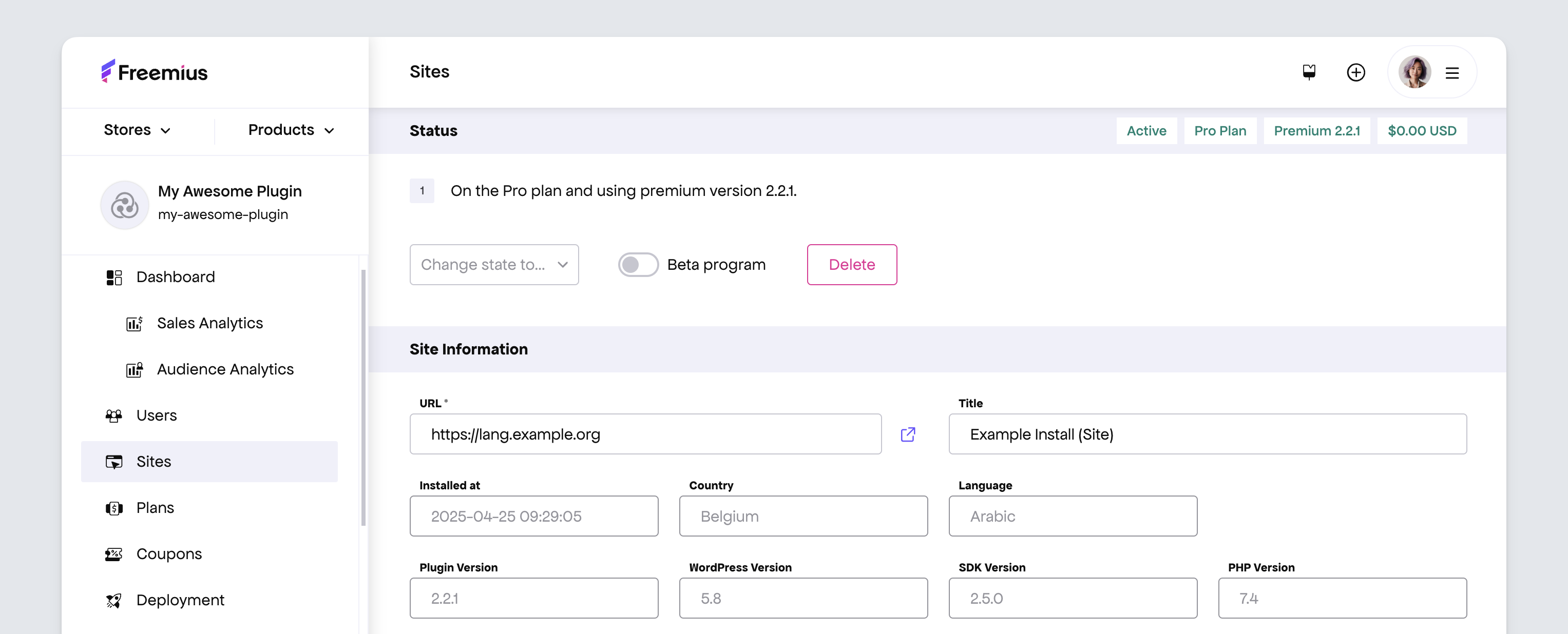 Freemius Developer Dashboard - Single site details