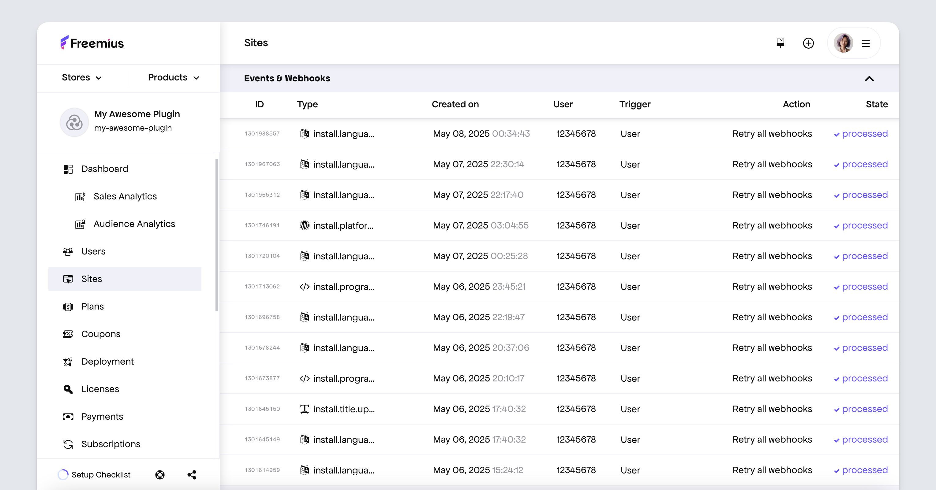 Freemius Developer Dashboard - Single site events