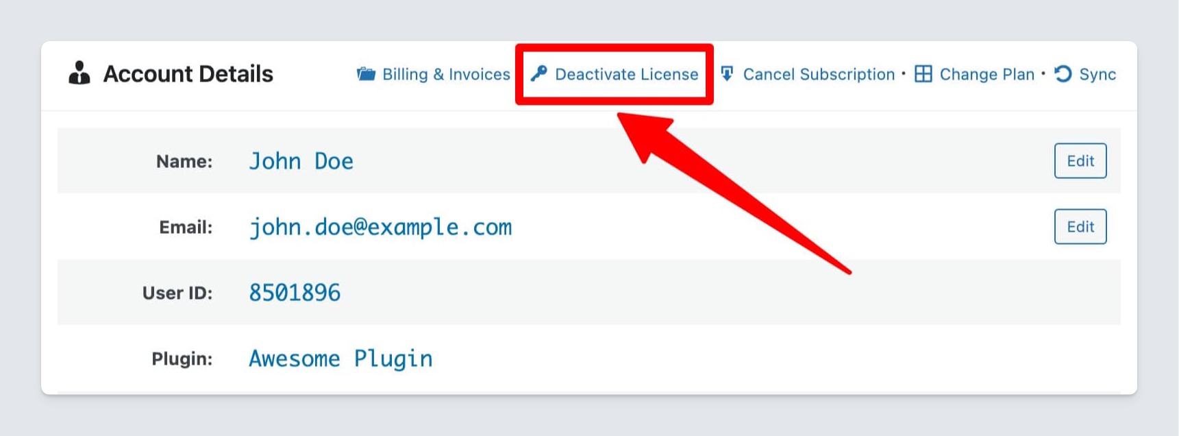 WordPress site SDK account page license deactivation