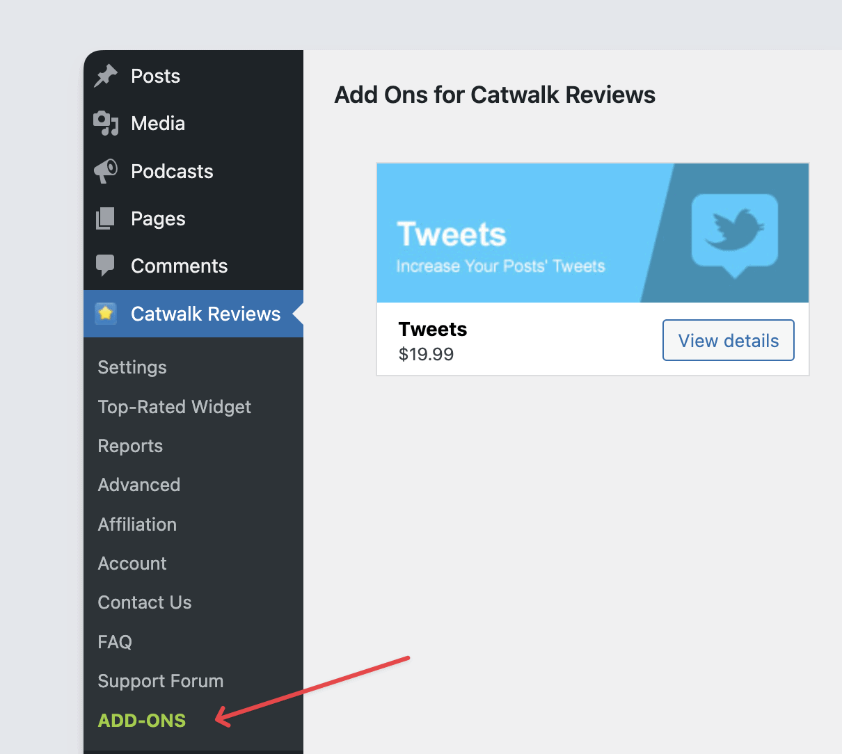 WP Admin Add Ons Menu Item