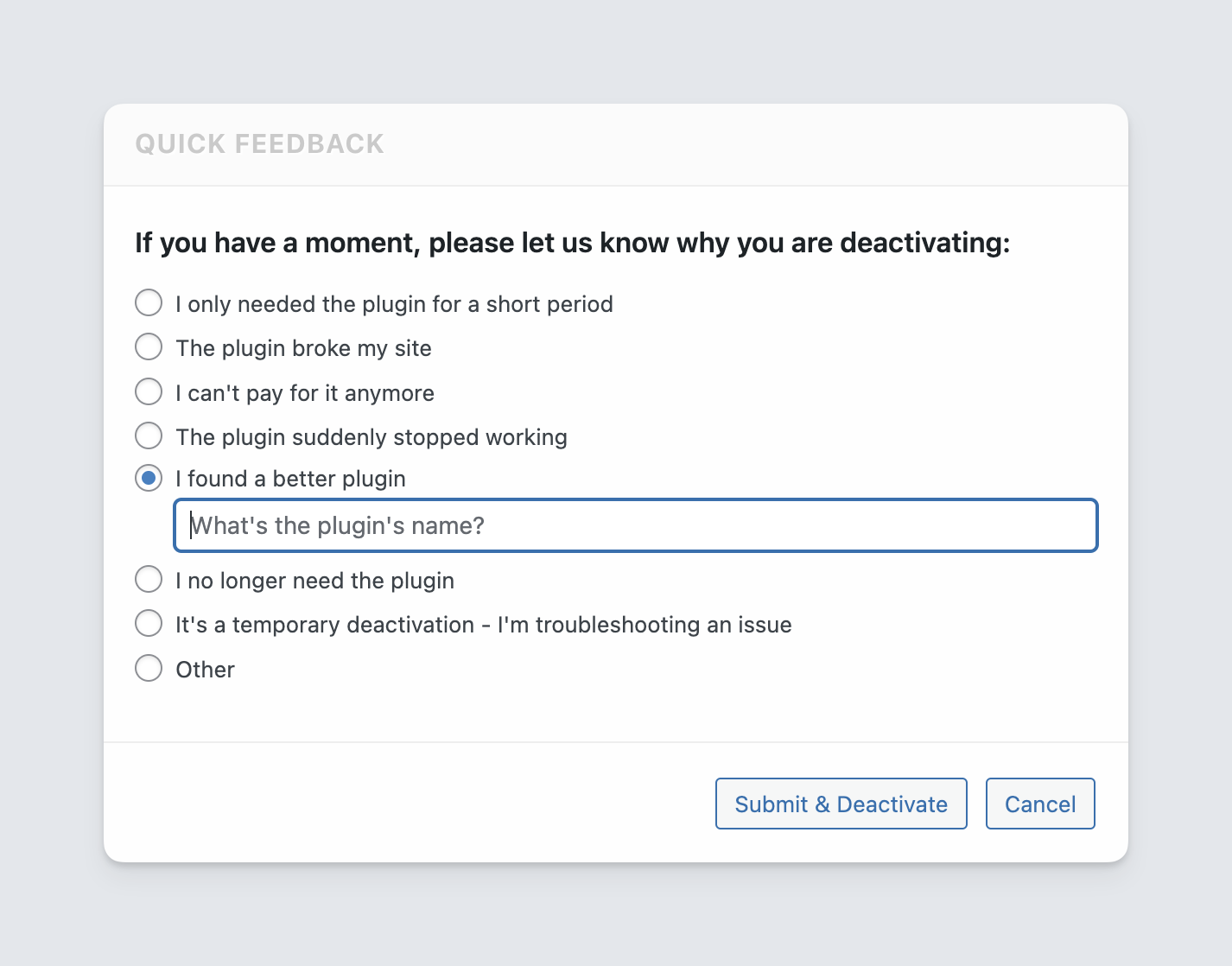 Freemius WordPress SDK - feedback form on product deactivation