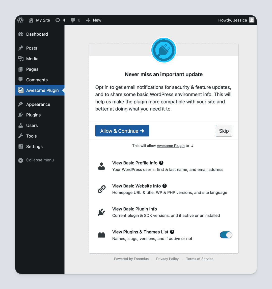 Freemius WordPress Plugin Opt-In Permissions