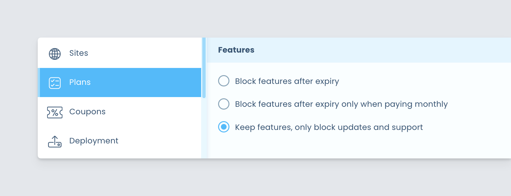 Freemius Developer Dashboard - keep features switch on product expiry