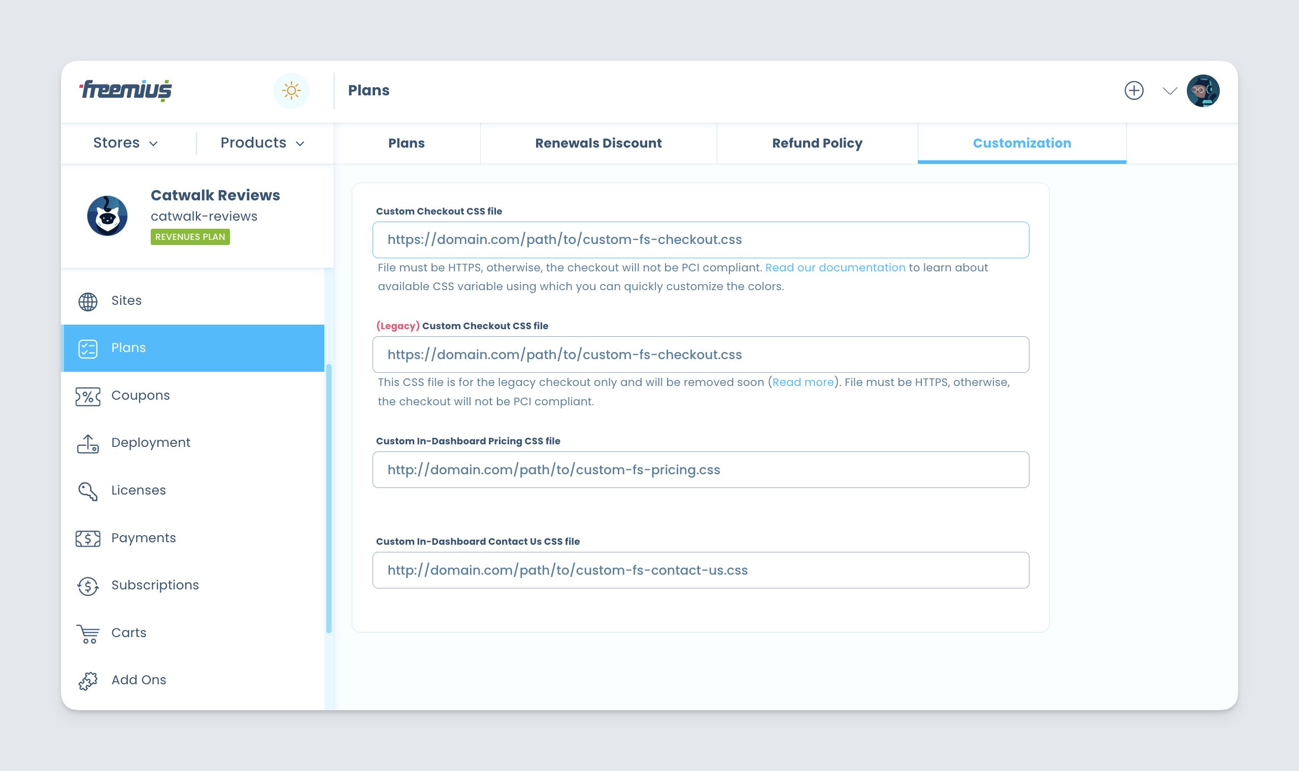 Freemius Developer Dashboard - Plans page with customization options for the in-dashboard and checkout stylesheets