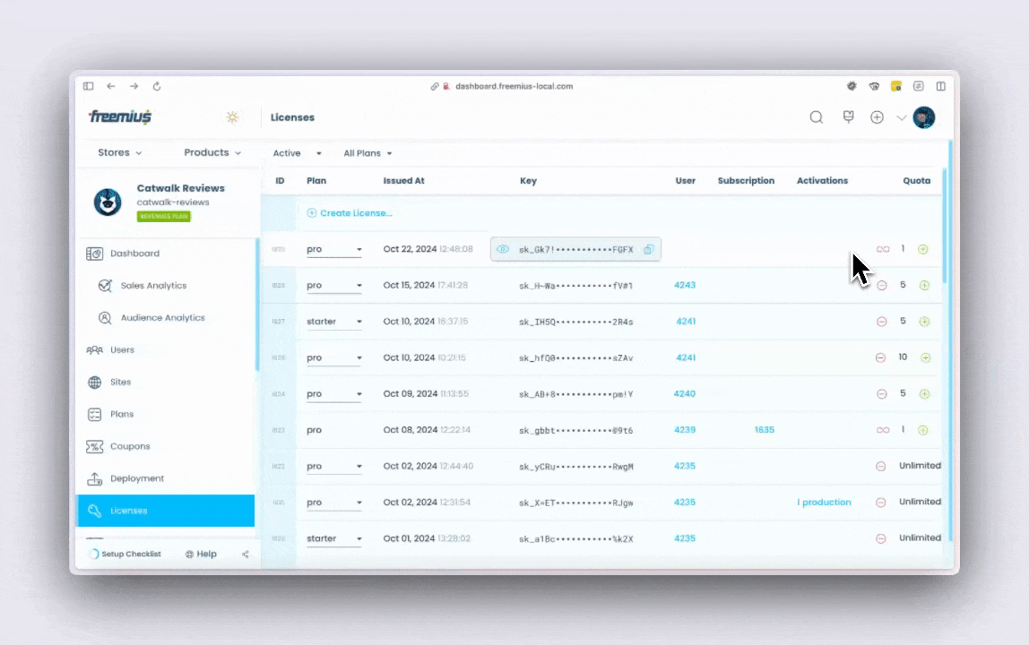 Freemius Developer Dashboard - button to manually send a license renewal on click