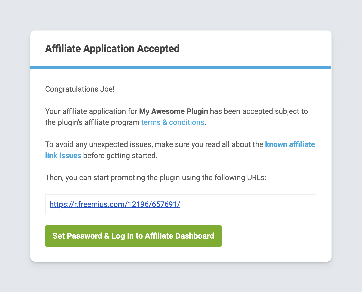 Freemius Affiliate Approval Email