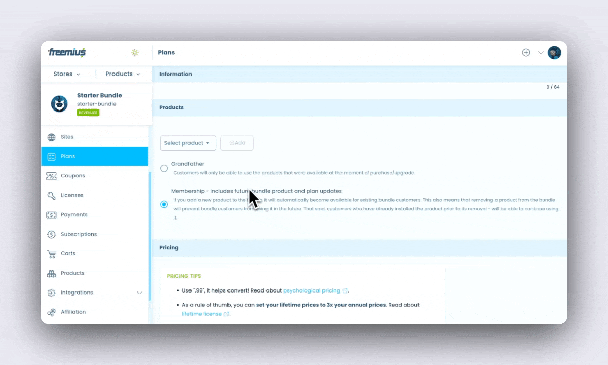 Freemius Dashboard - Bundle Plan Products Selection