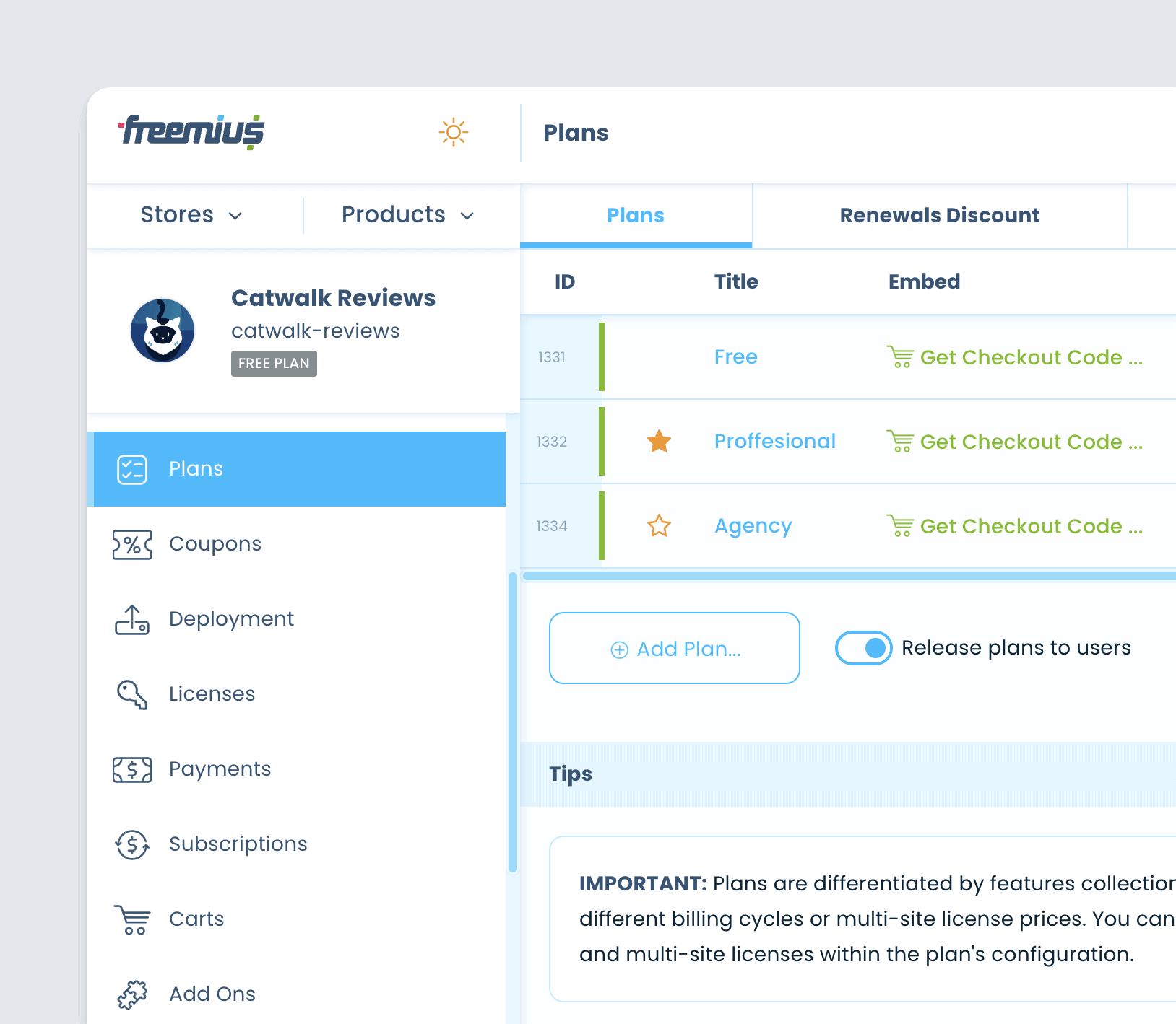 Freemius Dashboard - Get Checkout Code Button - Buy Button