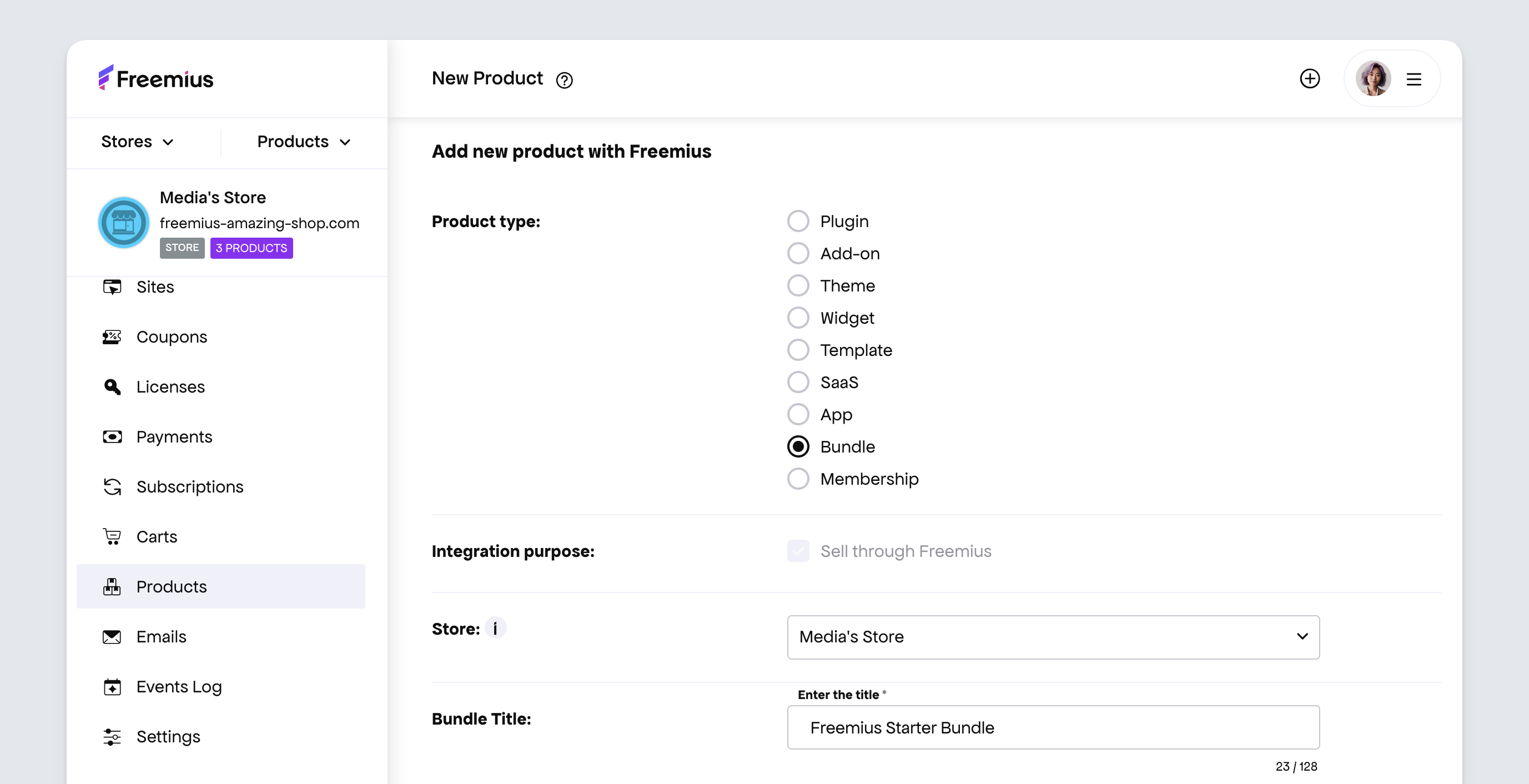 Freemius Dashboard - Bundle product type option selected