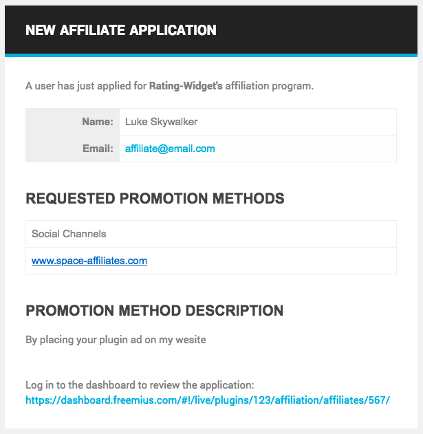 Freemius New Affiliate Application Email