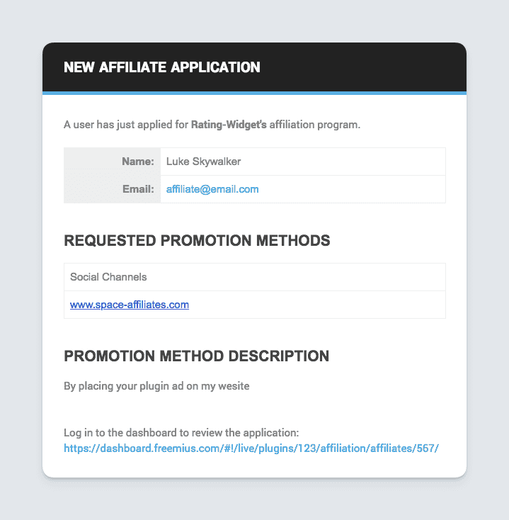 Freemius New Affiliate Application Email