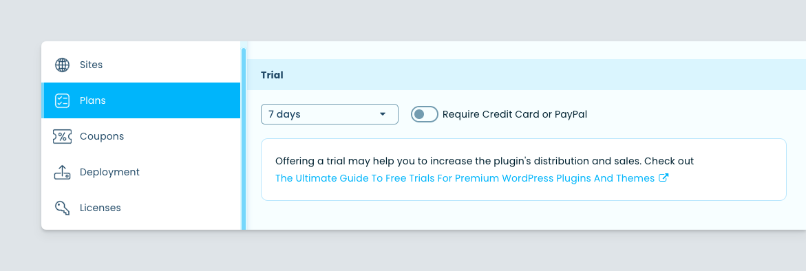 Freemius Dashboard - Activating the trials option in a plan's settings