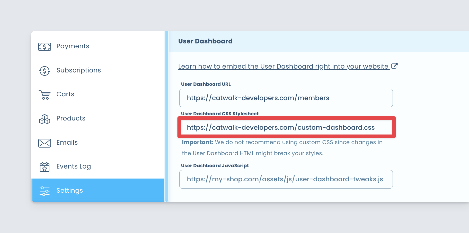 Freemius dashboard store custom user dashboard stylesheet url setting option