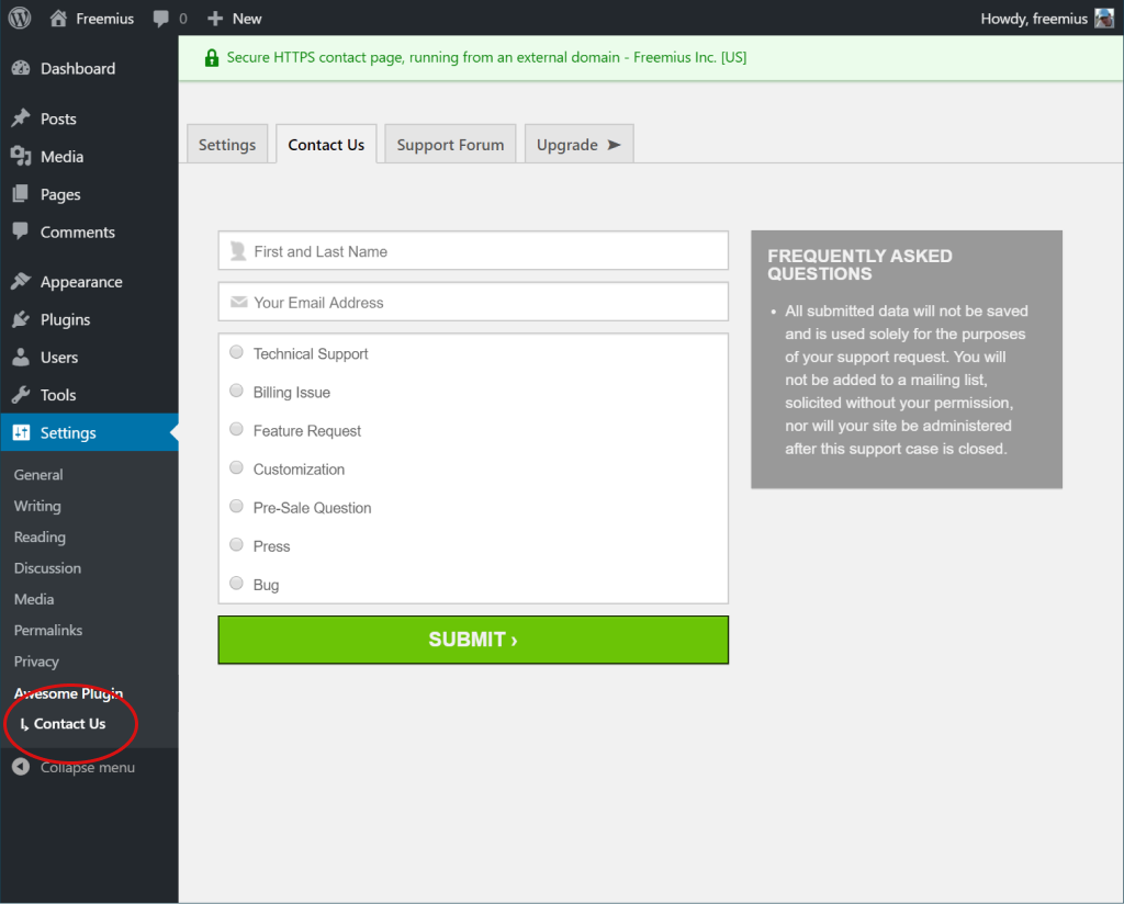 Freemius SDK - Freemius pages Tabs navigation with the contact us page