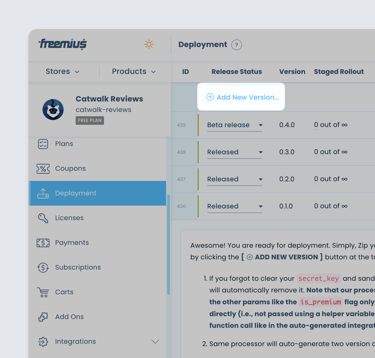 Freemius Dashboard - Deployment