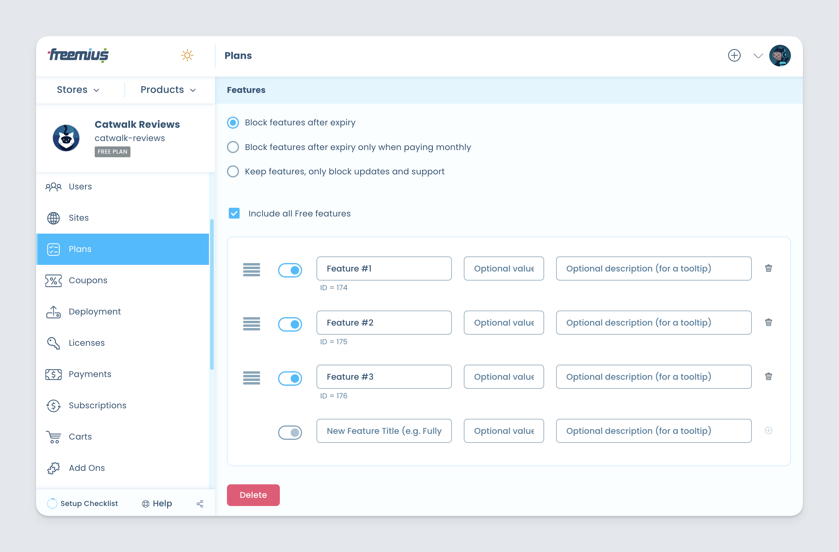 Freemius Dashboard - plan features