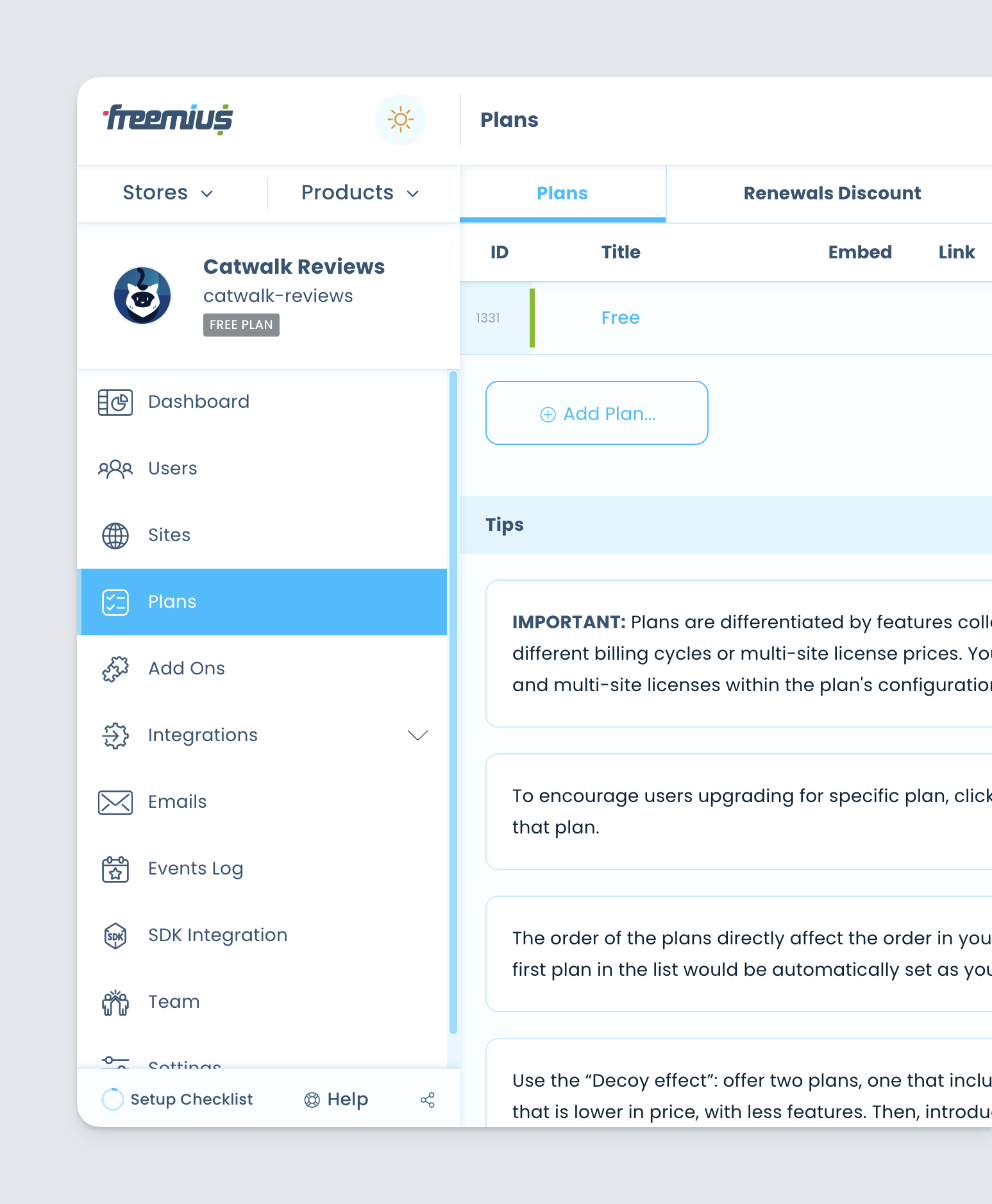 Freemius Dashboard - Plans