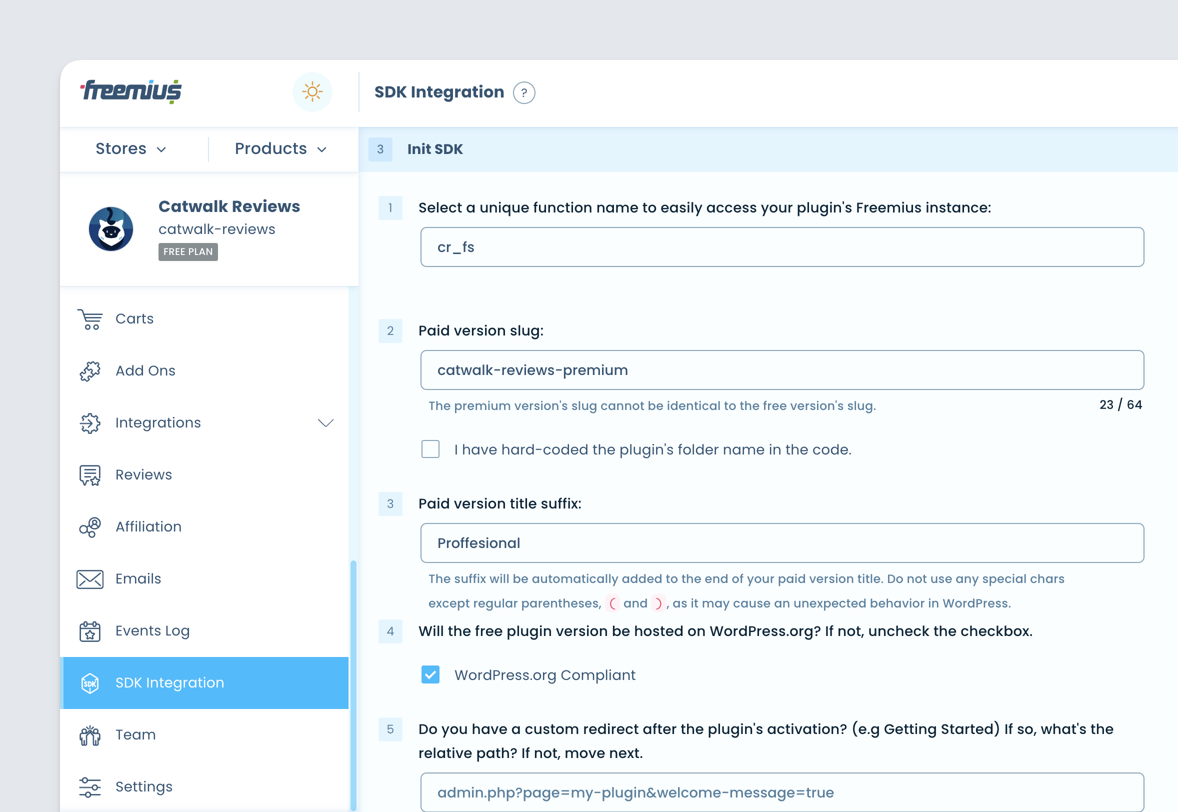 Freemius Dashboard - plugin SDK Integration