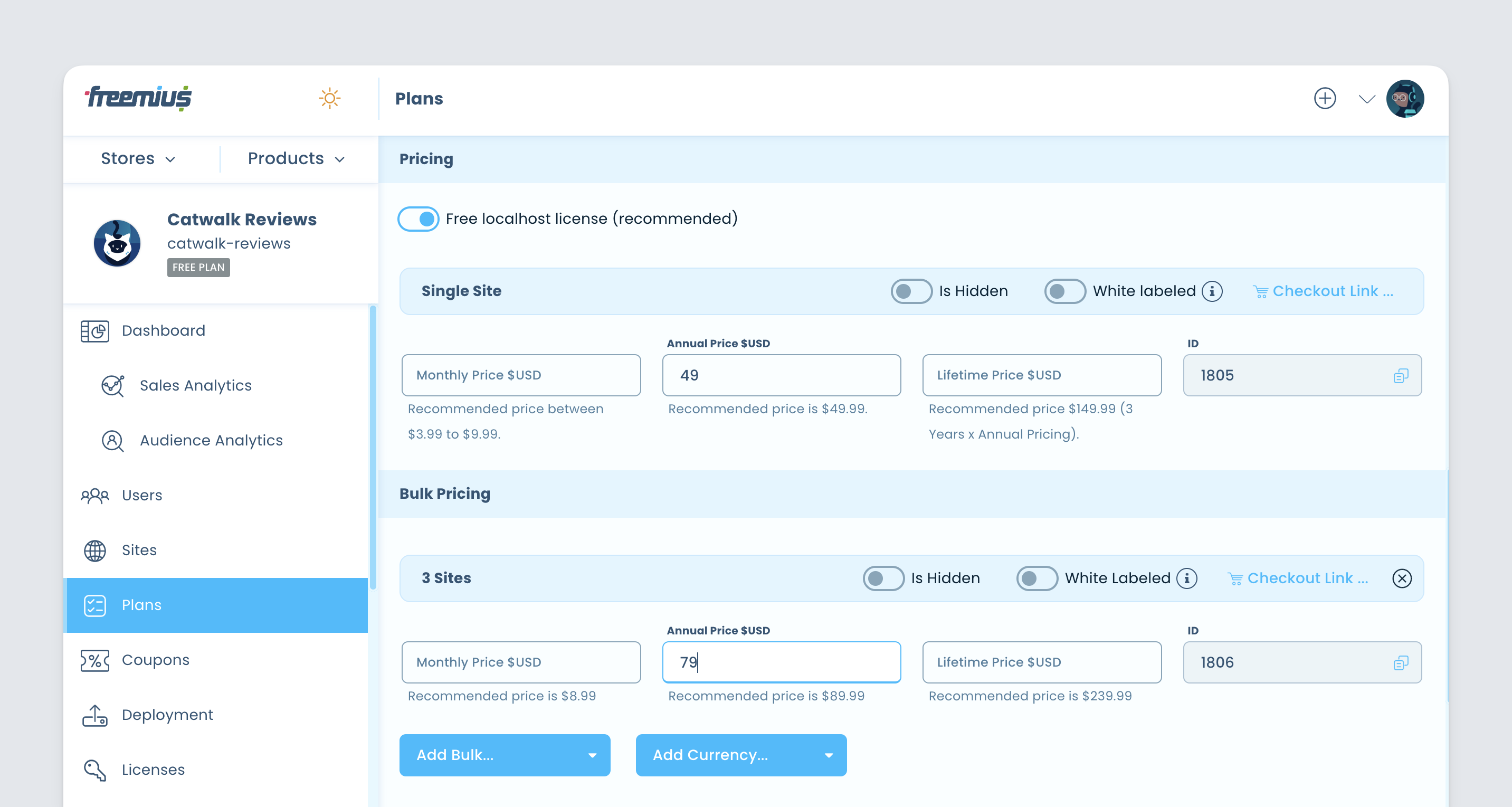 Freemius Dashboard - pricing plans