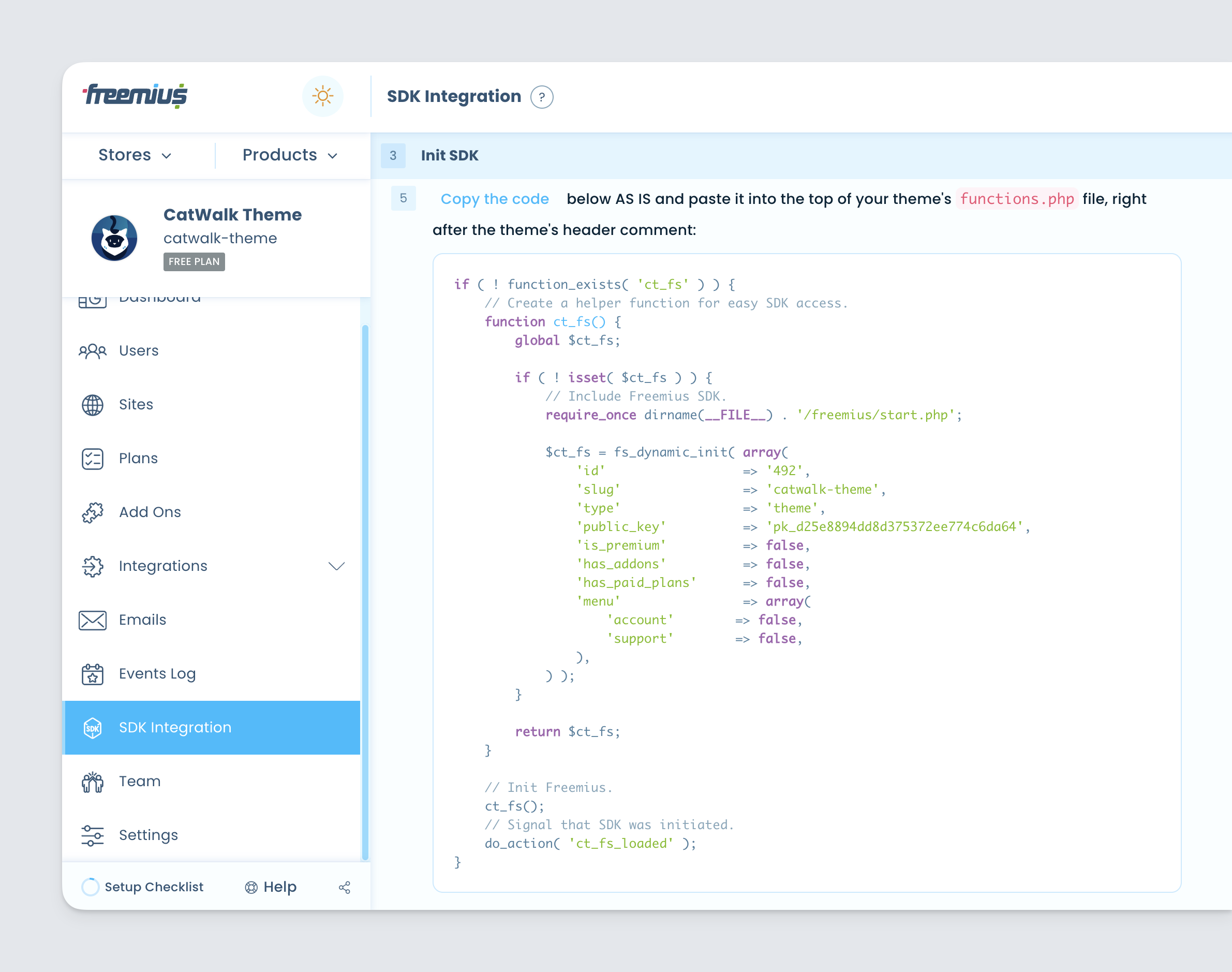 Freemius Dashboard - SDK integration code snippet