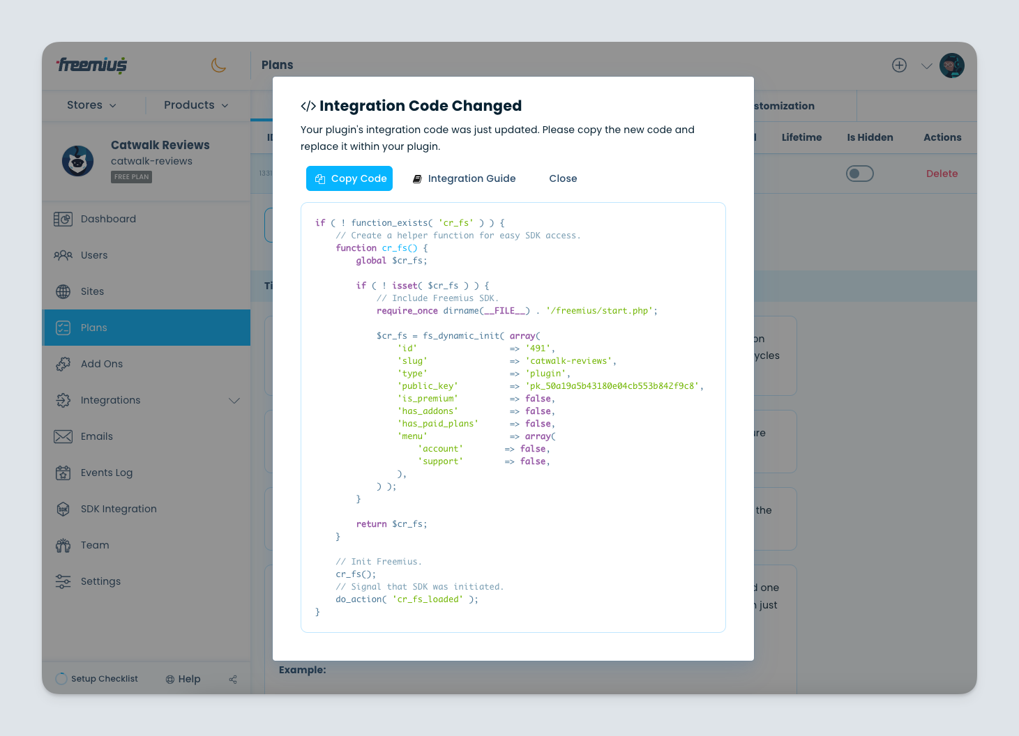 Freemius Dashboard - SDK integration snippet