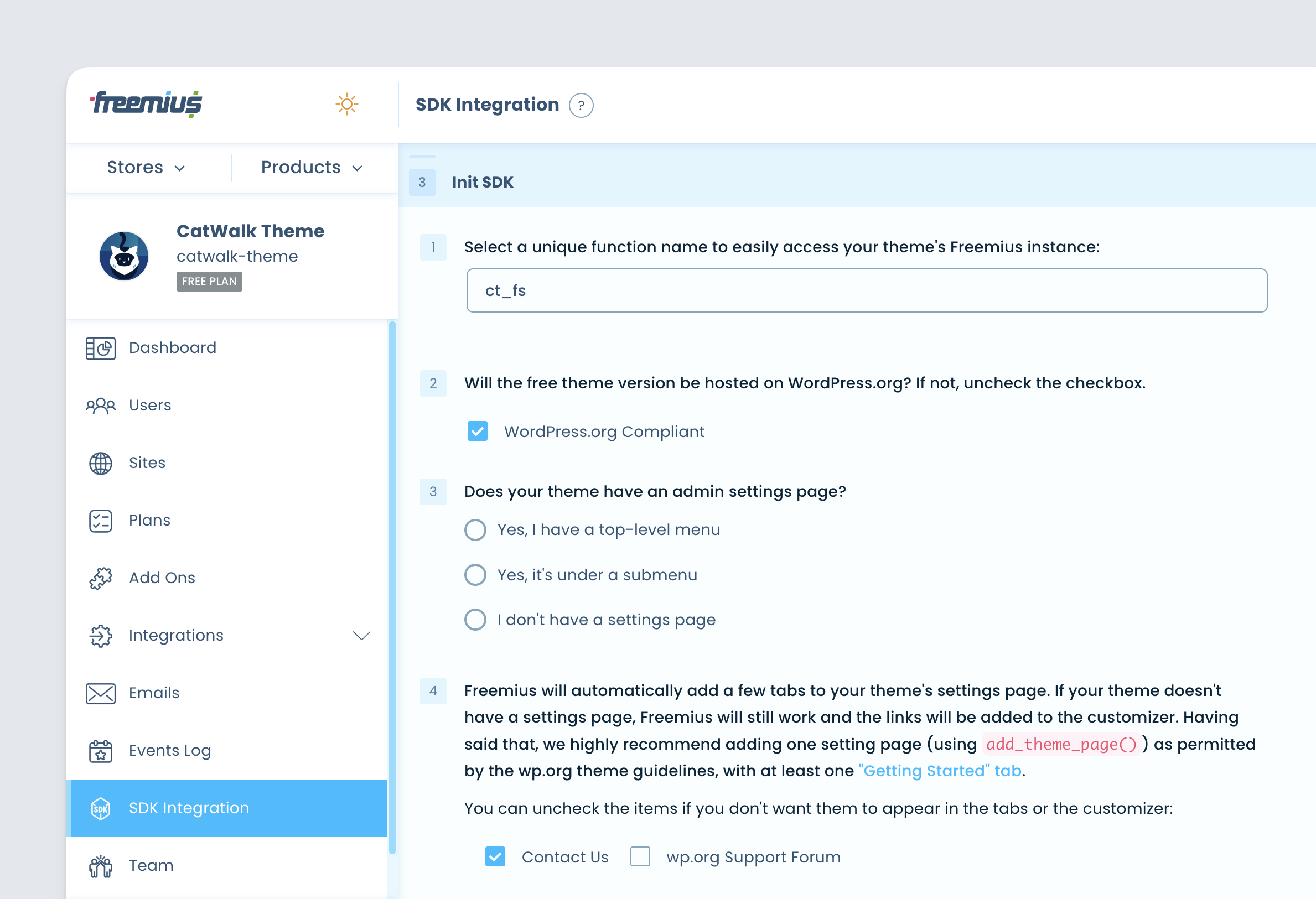 Freemius Dashboard - theme SDK Integration