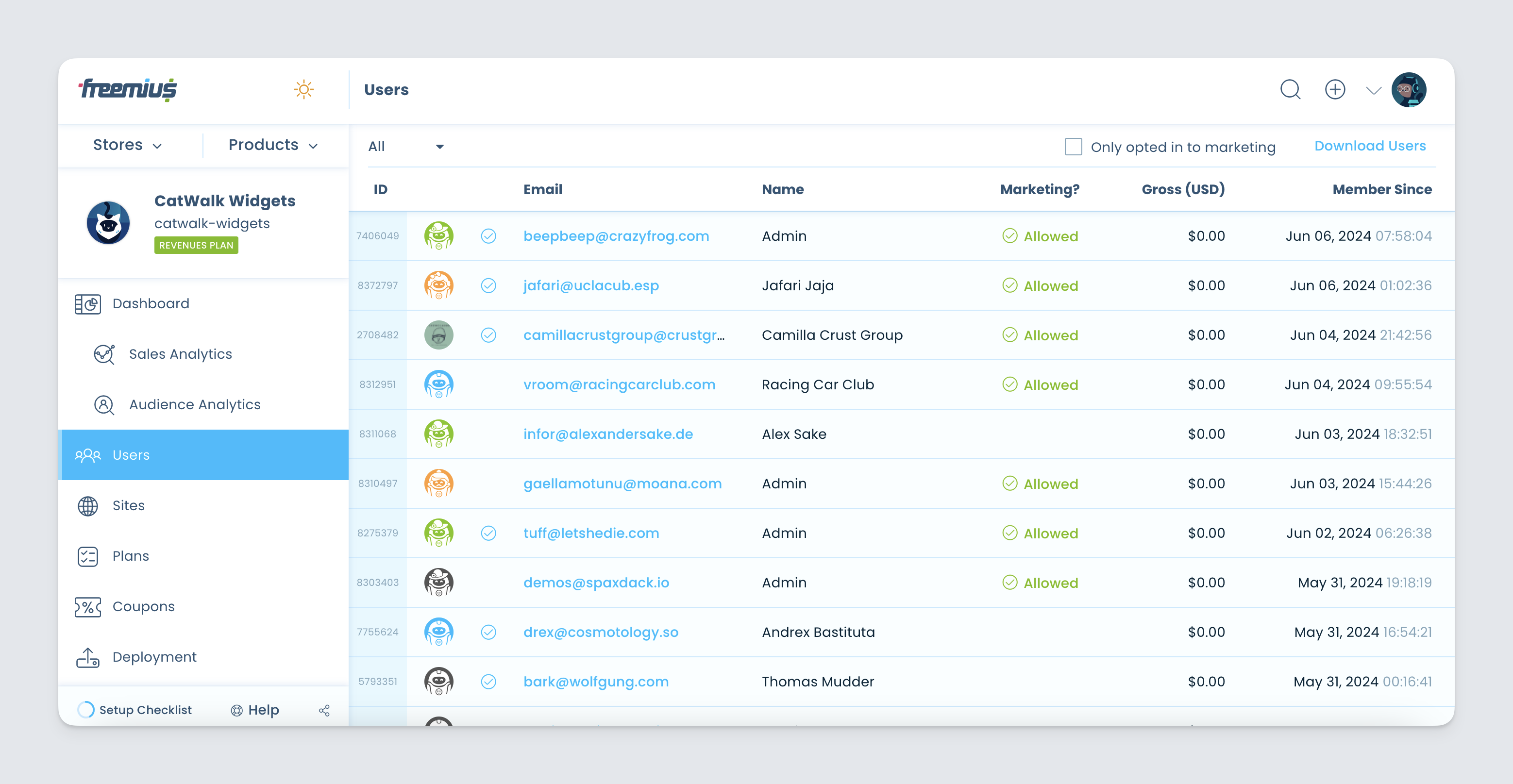 List of opted in users - Freemius Developer Dashboard