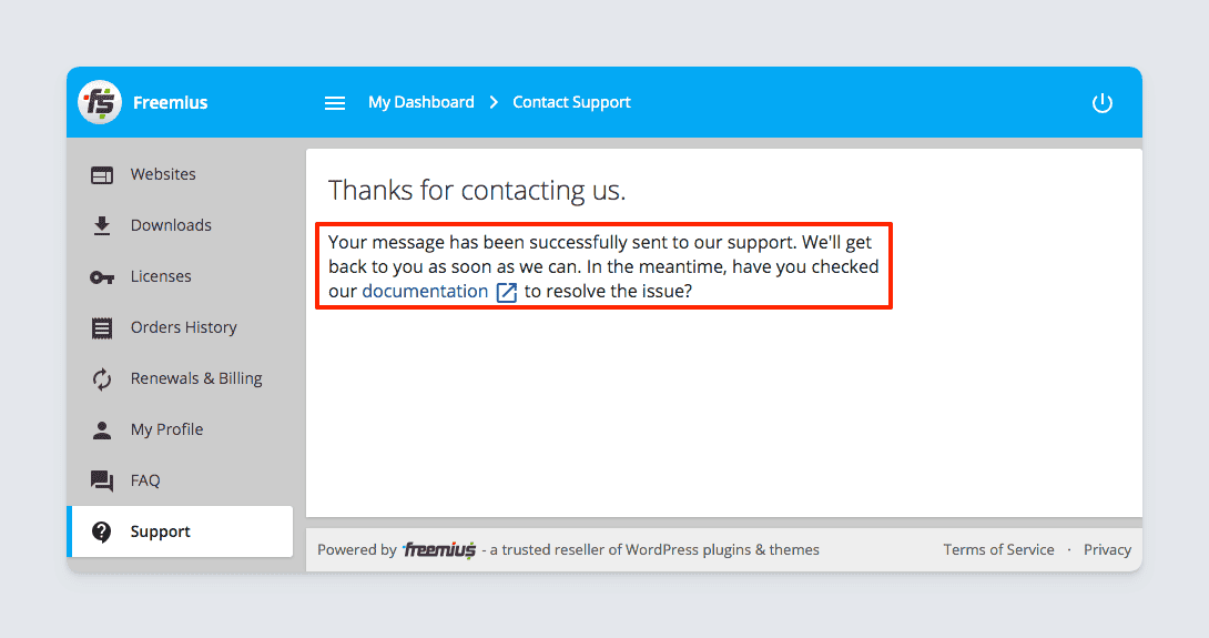 Freemius User Dashboard Contact Form Check Documentation