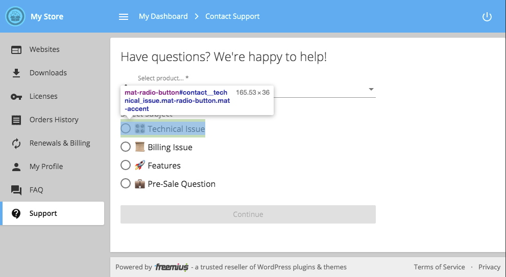 Freemius User Dashboard Contact Form Customizations