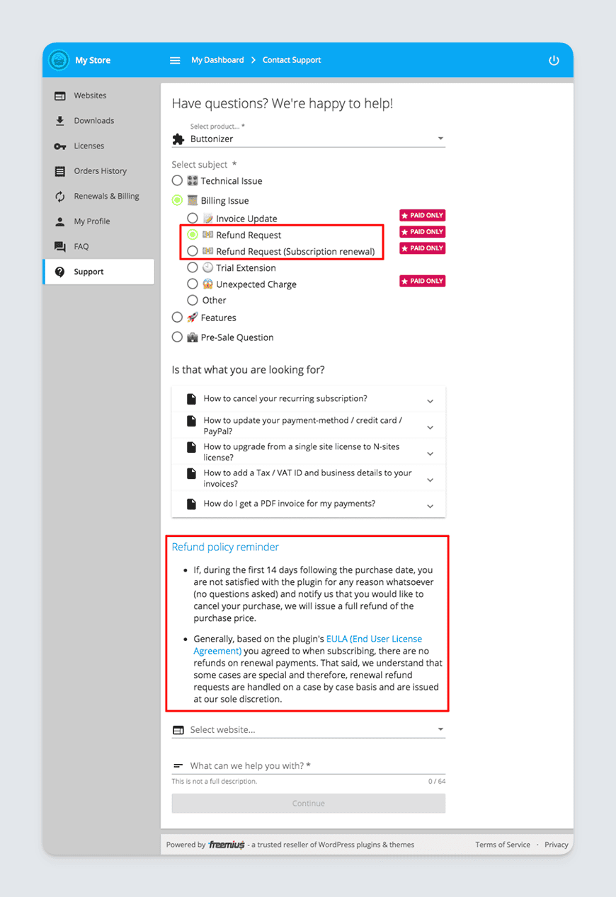 Freemius User Dashboard Refund Request Policy Integration