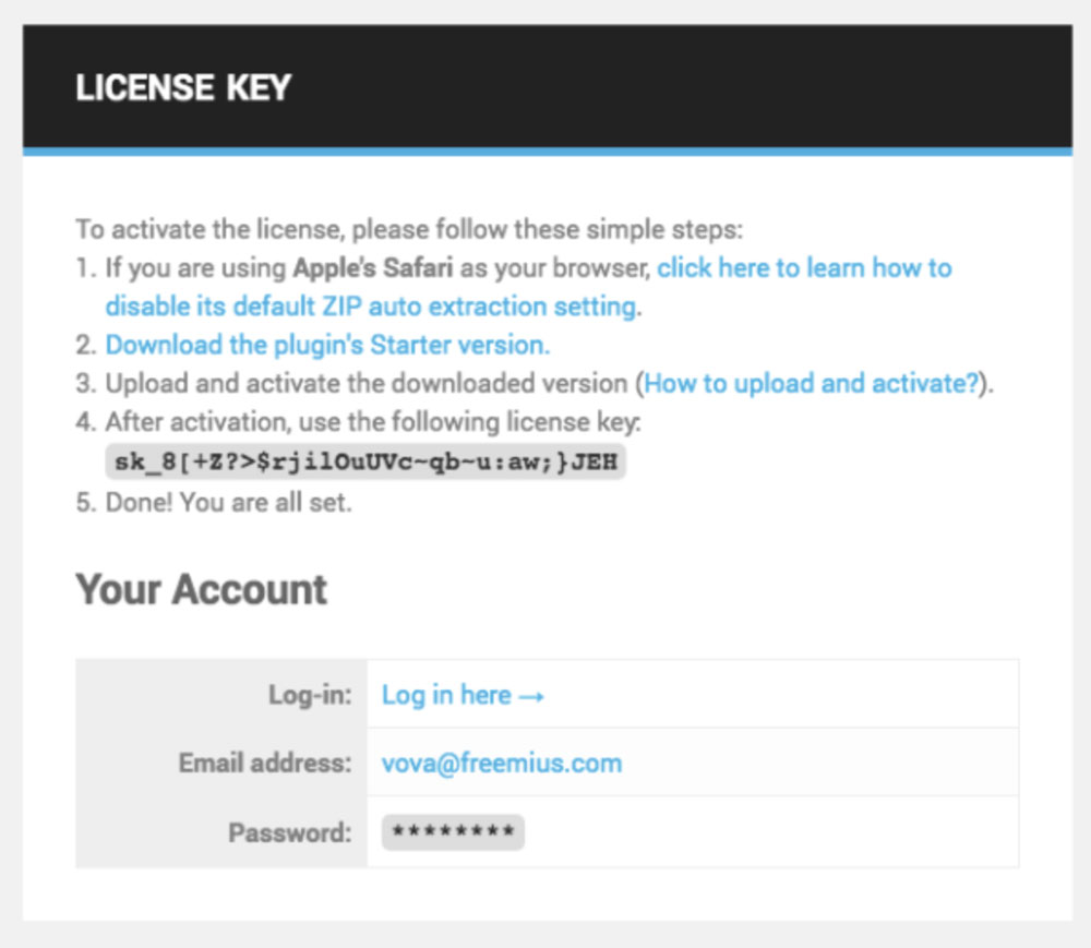 Freemius License Key Activation Email