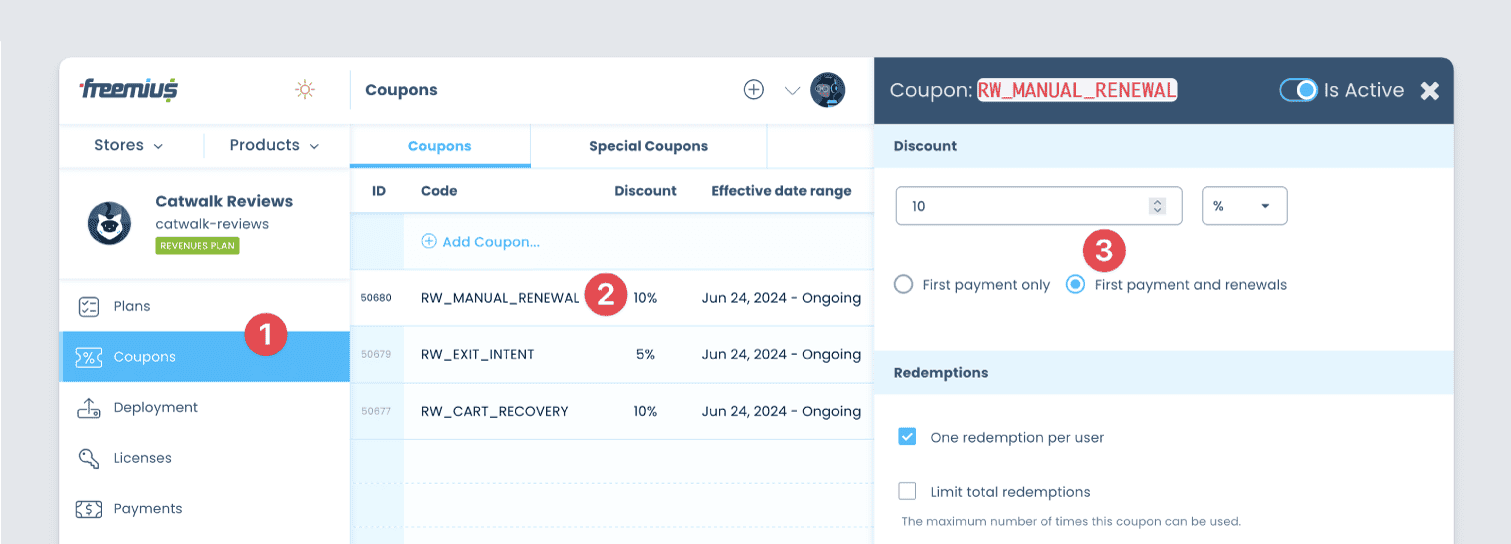 Subscription Cancellation Coupon - Freemius Developer Dashboard