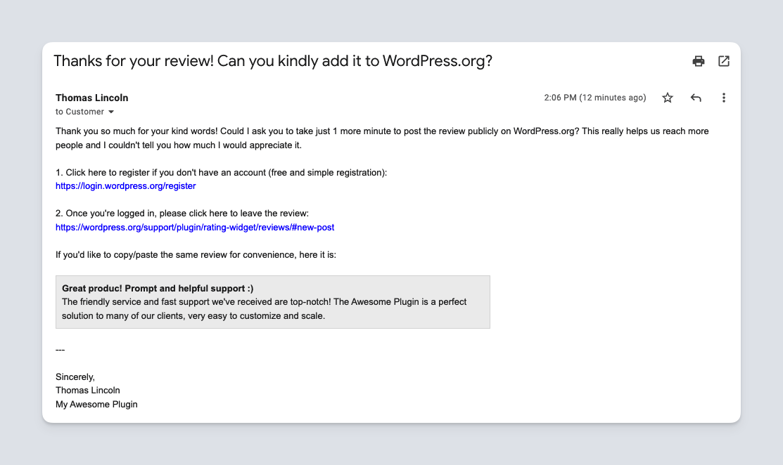 Email sent from Freemius to customer requesting for a review on wordpress.org