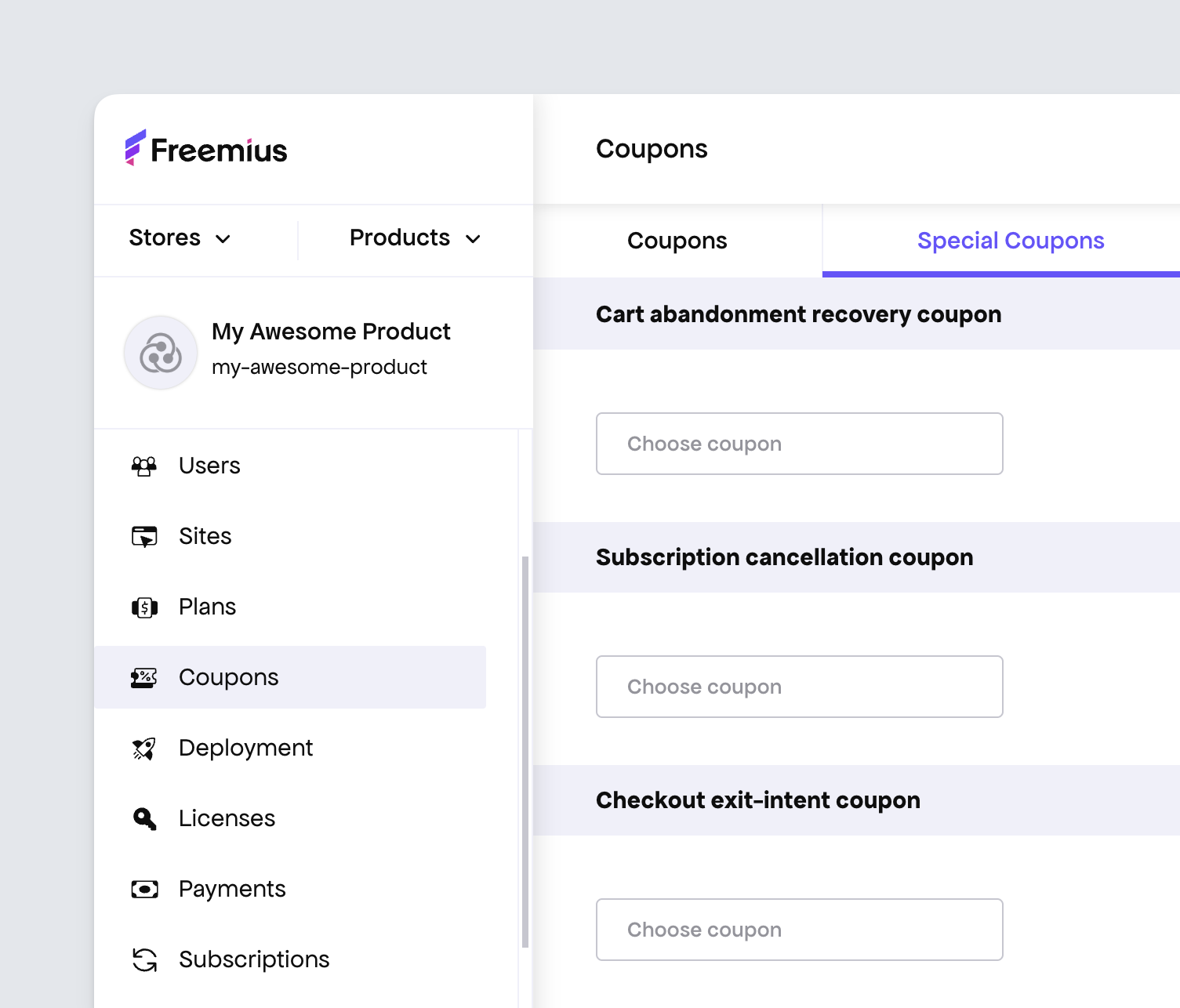 Freemius Developer Dashboard - Special coupons settings page