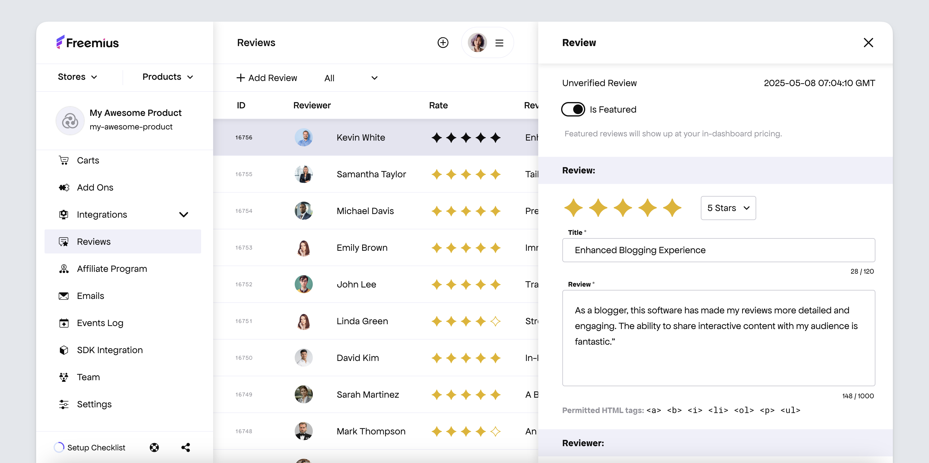 freemius developer dashboard managing reviews