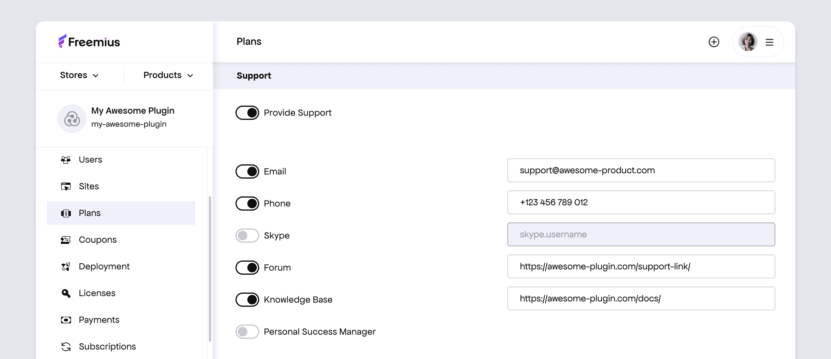 Freemius Developer Dashboard - set up a plan's support channels