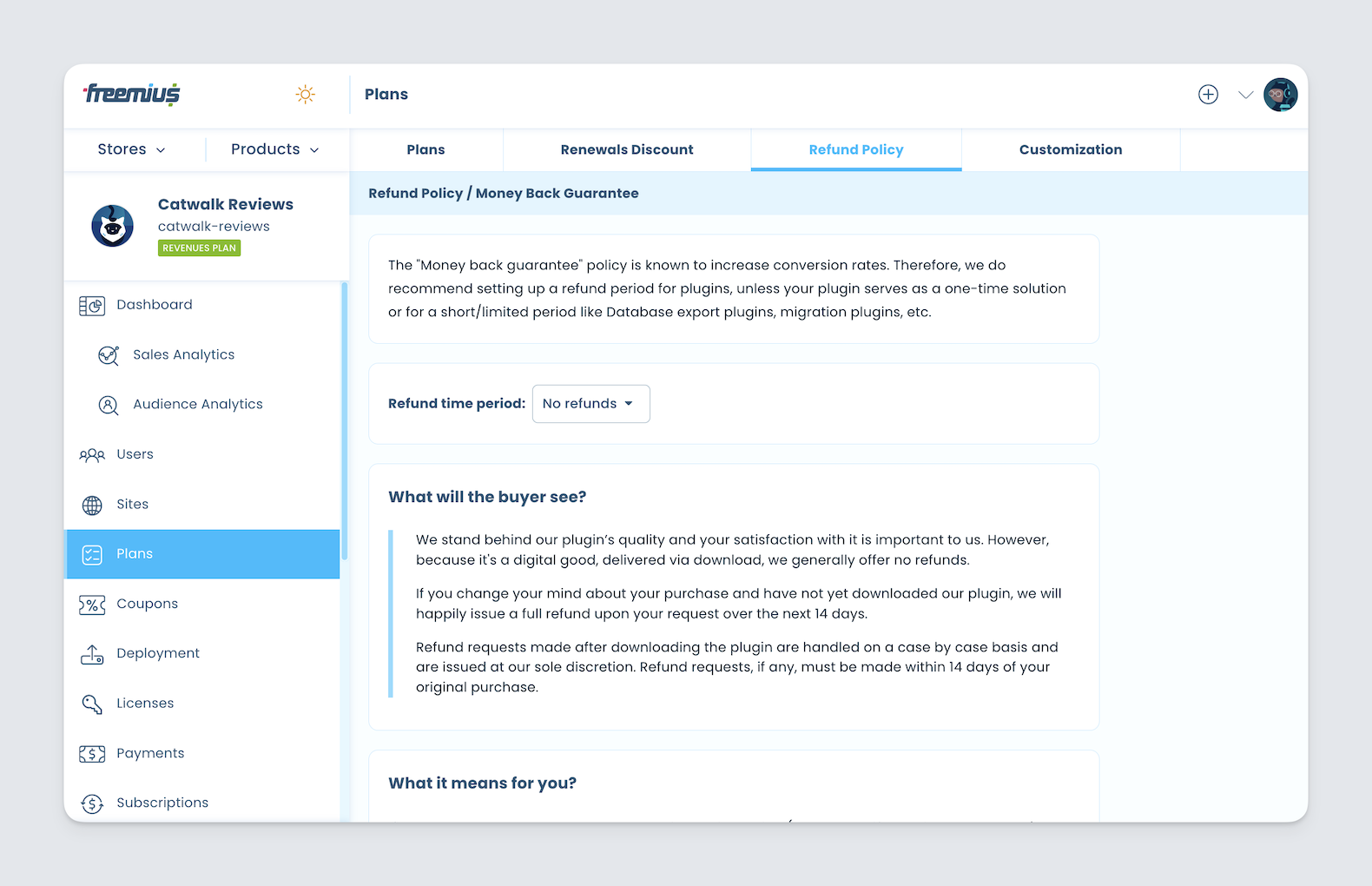 Freemius Dev Dashboard - Product plans Refund Policy settings