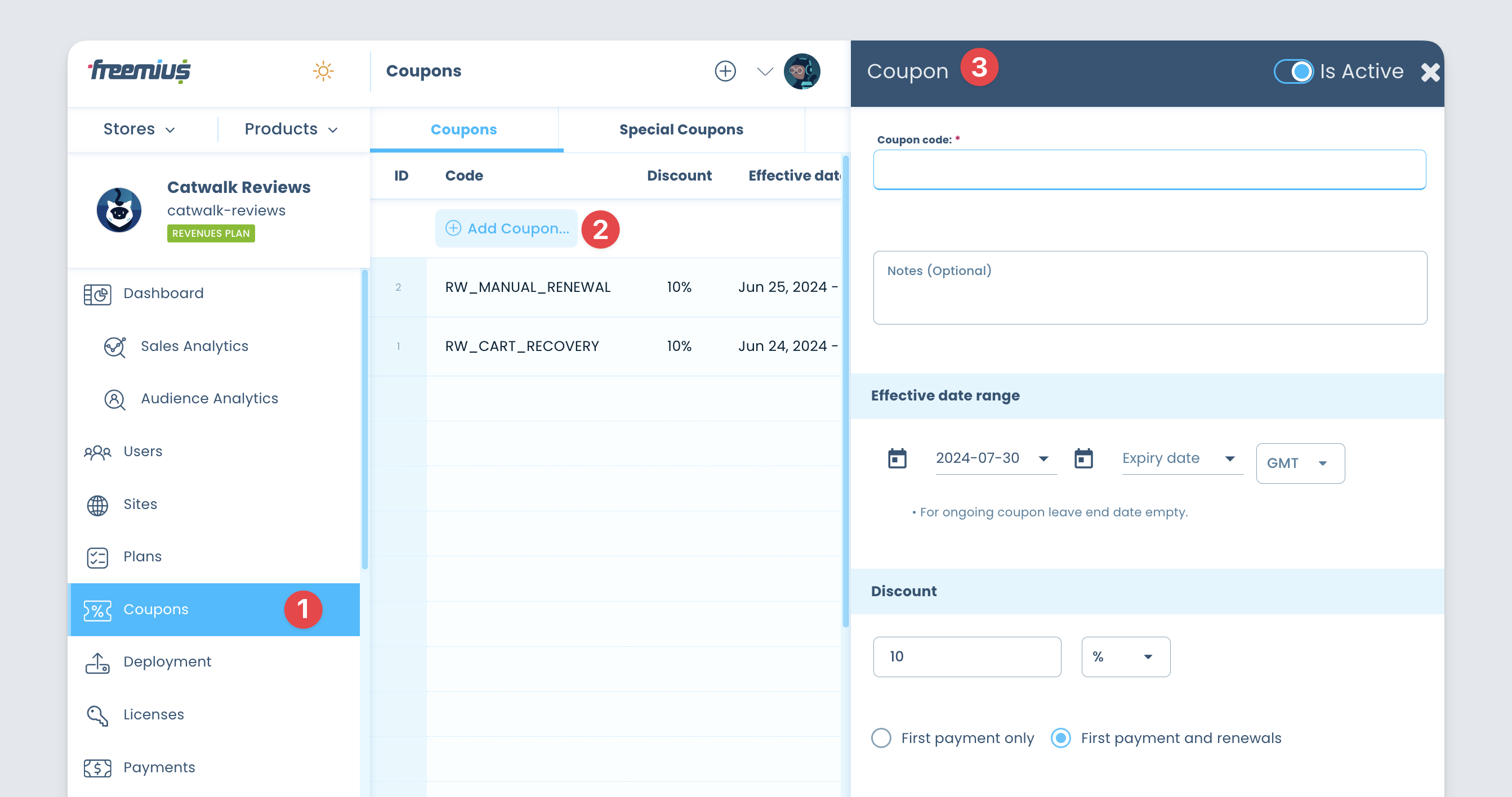 Freemius Developer Dashboard - Creating a discount coupon