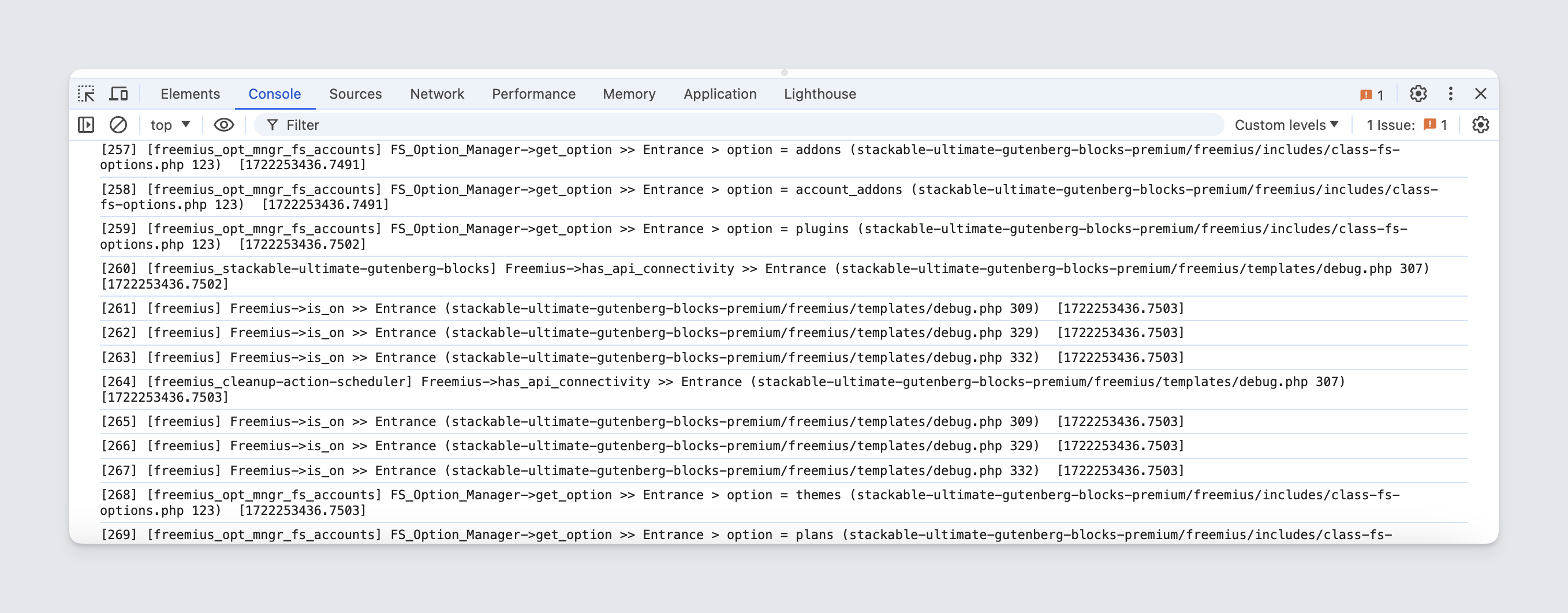 Freemius SDK - Development mode showing developers browser console logging