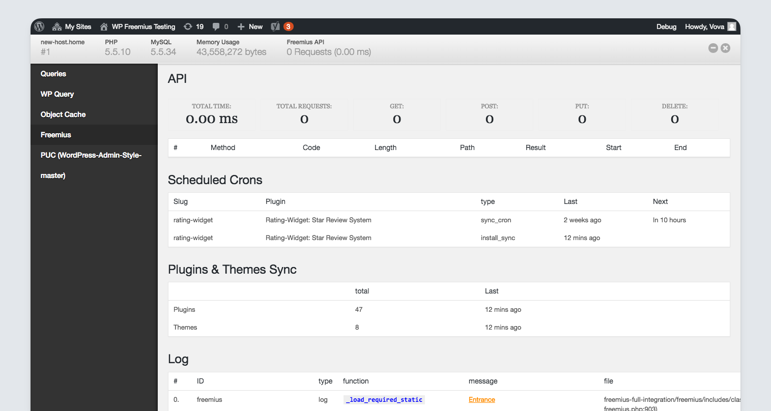 Freemius SDK - Development mode integration with WP debug bar