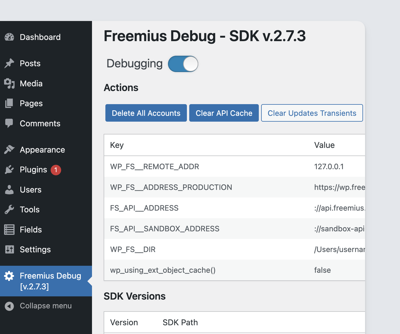 Freemius SDK - Development mode WP Admin menu item